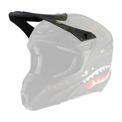 Der O'NEAL Visor 5SRS Polyacrylite Helm WARHAWK ist ein schwarz-grüner Motocross-Helm mit Visier, der ein Haifischmaul mit scharfen Zähnen und einem Muster im Camouflage-Stil zeigt.