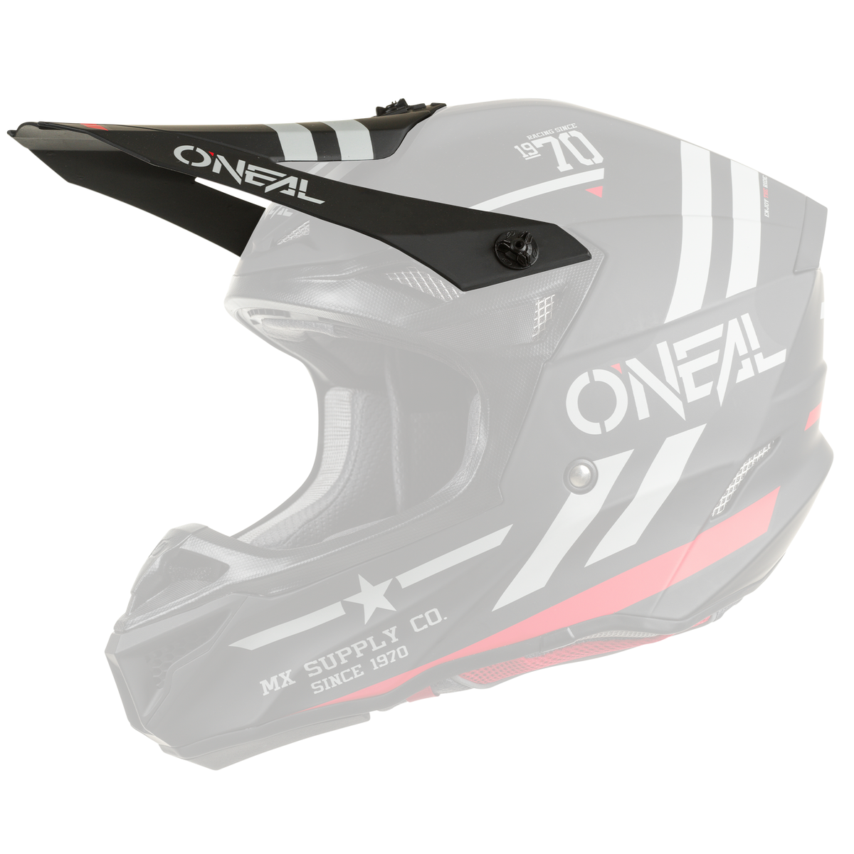 Der O'NEAL Visor 5SRS Polyacrylite Helm SQUADRON ist ein schwarzer Motocross-Helm mit weißen und roten Akzenten, "O'NEAL"-Branding, einem Visier und einem kantigen, aerodynamischen Design.