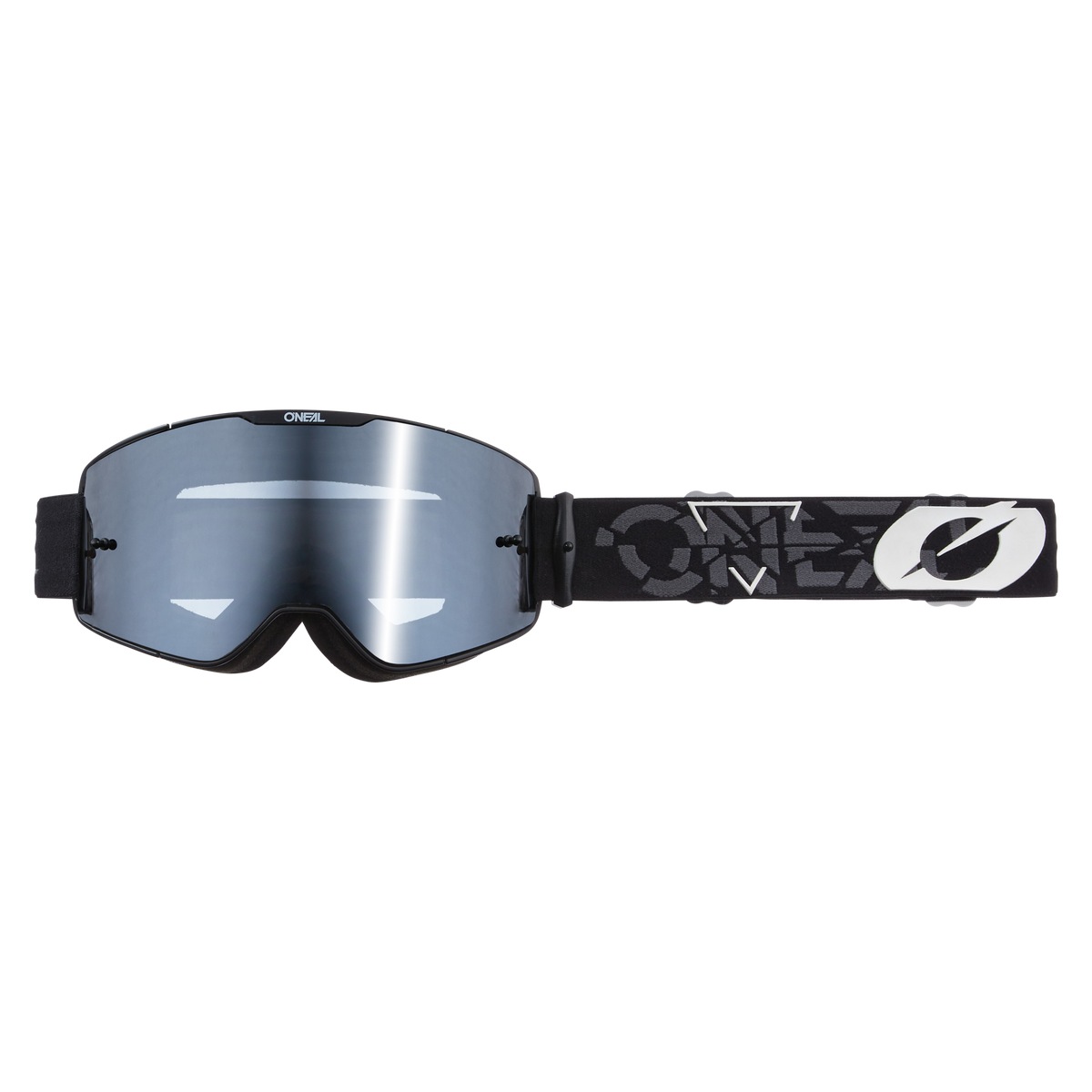 Die O'NEAL B-20 Brille STRAIN hat einen schwarz-silbernen Rahmen, reflektierende Gläser, ein verstellbares schwarzes Band mit weißem und grauem O'NEAL-Logo und bietet ein großes Sichtfeld für optimale Leistung auf der Strecke.