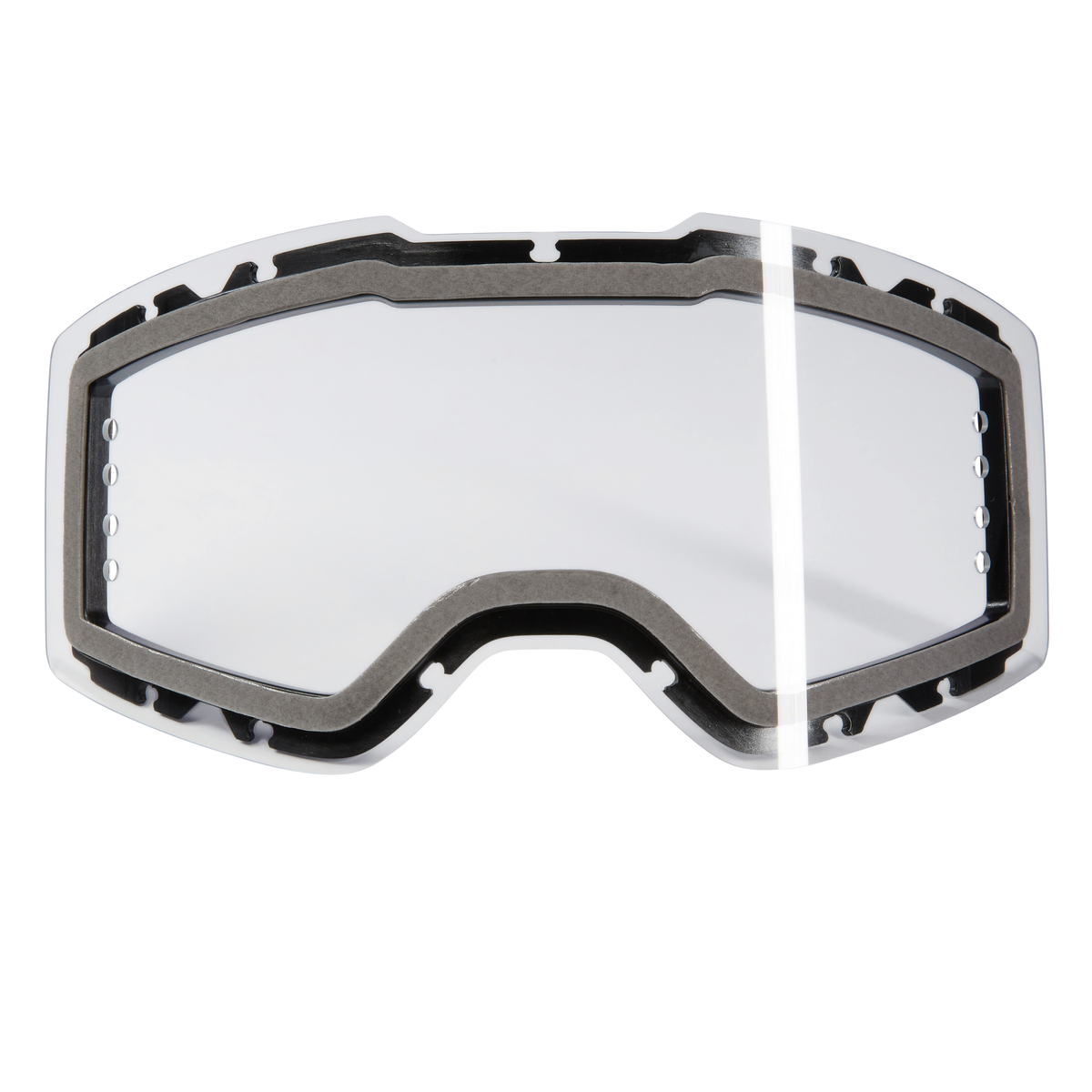 Die O'NEAL B-30 ROLL OFF SPARE LENS von O'NEAL ist eine klare, gebogene Schutzbrillenscheibe mit schwarzem Rand und Belüftungslöchern auf schwarzem Hintergrund.