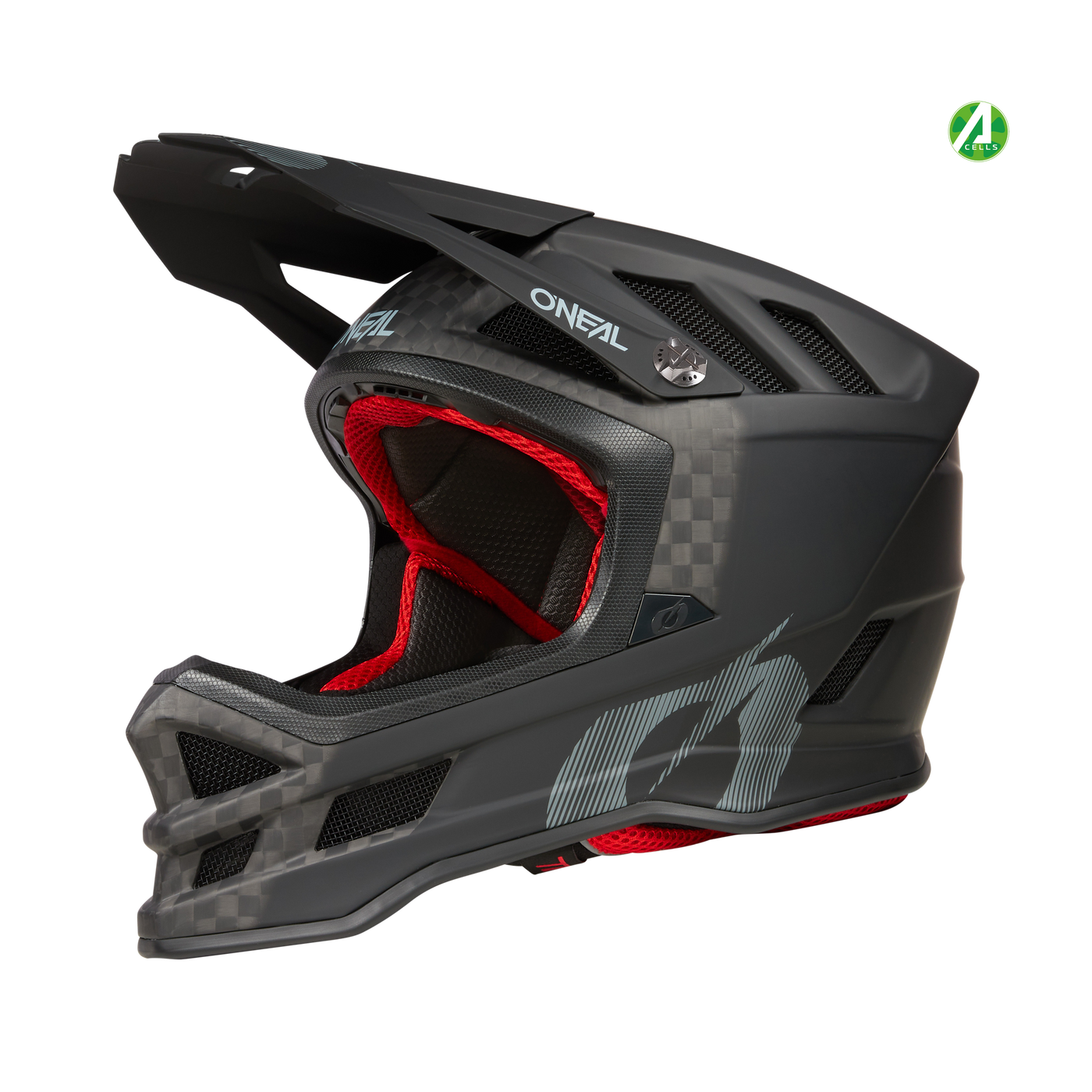 The black and red O'NEAL BLADE Carbon IPX® helmet is shown in profile with a visor, mesh vents and a textured design on a white background, with a small green and white symbol in the top right corner.