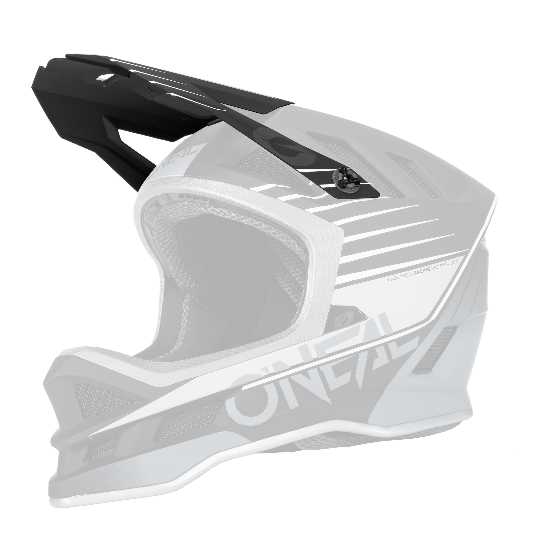 Der O'NEAL Visor BLADE Polyacrylite Helmet DELTA ist ein schwarzer, grauer und weißer Integralhelm mit kantigen Belüftungsöffnungen, einem robusten Kinnschutz und einem auffälligen O'NEAL-Branding an der Seite.