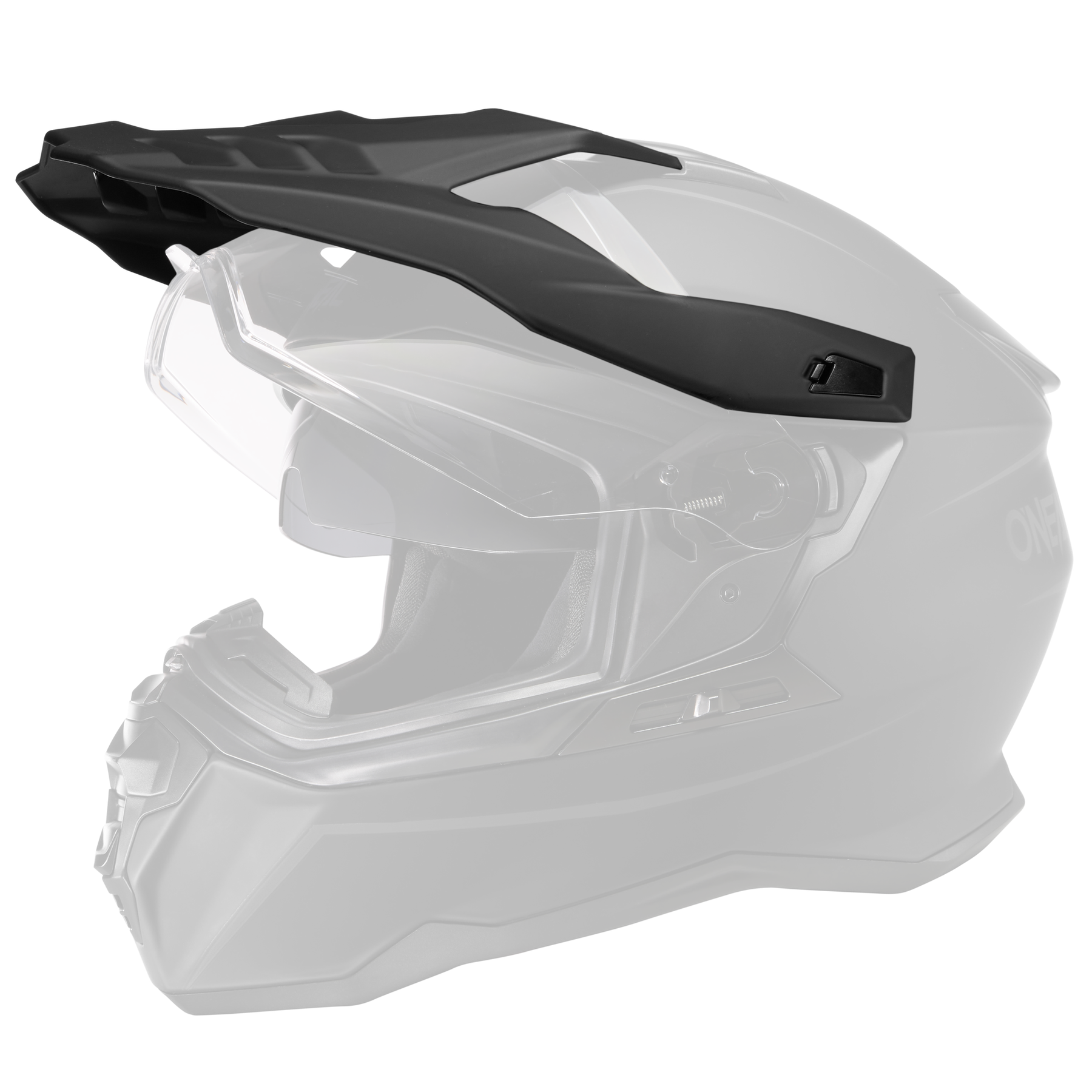 Der O'NEAL Visor D-SRS Helm SOLID ist ein mattschwarzer Vollvisier-Motocross-Helm mit klarem Visier, Sonnenblende und aerodynamischem Design, dargestellt im Seitenprofil.