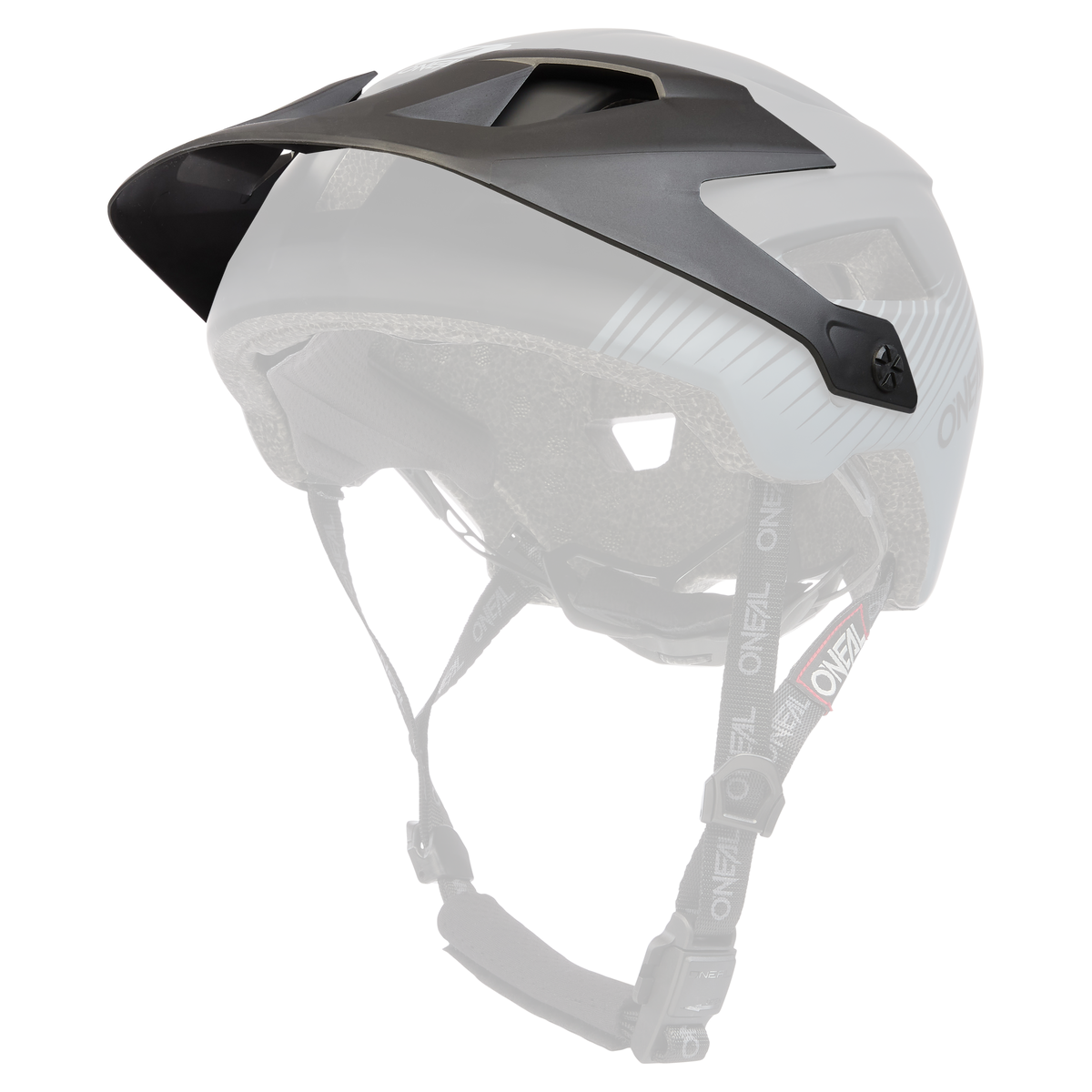 Der O'NEAL Visor DEFENDER Helmet GRILL ist ein schwarz-grauer Fahrradhelm mit Belüftungslöchern, einem verstellbaren Visier und O'NEAL-Markenriemen mit Schnalle.