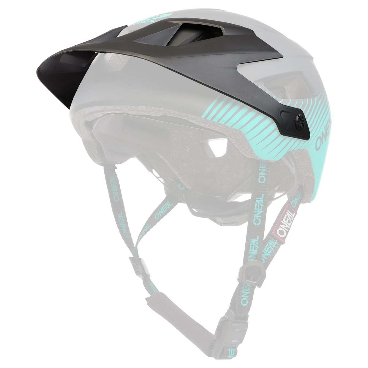 Der O'NEAL Visor DEFENDER Helmet GRILL ist ein schwarz-grüner Mountainbike-Helm mit Visier, verstellbaren Kinnriemen und dem O'NEAL-Logo an der Seite und den Riemen.