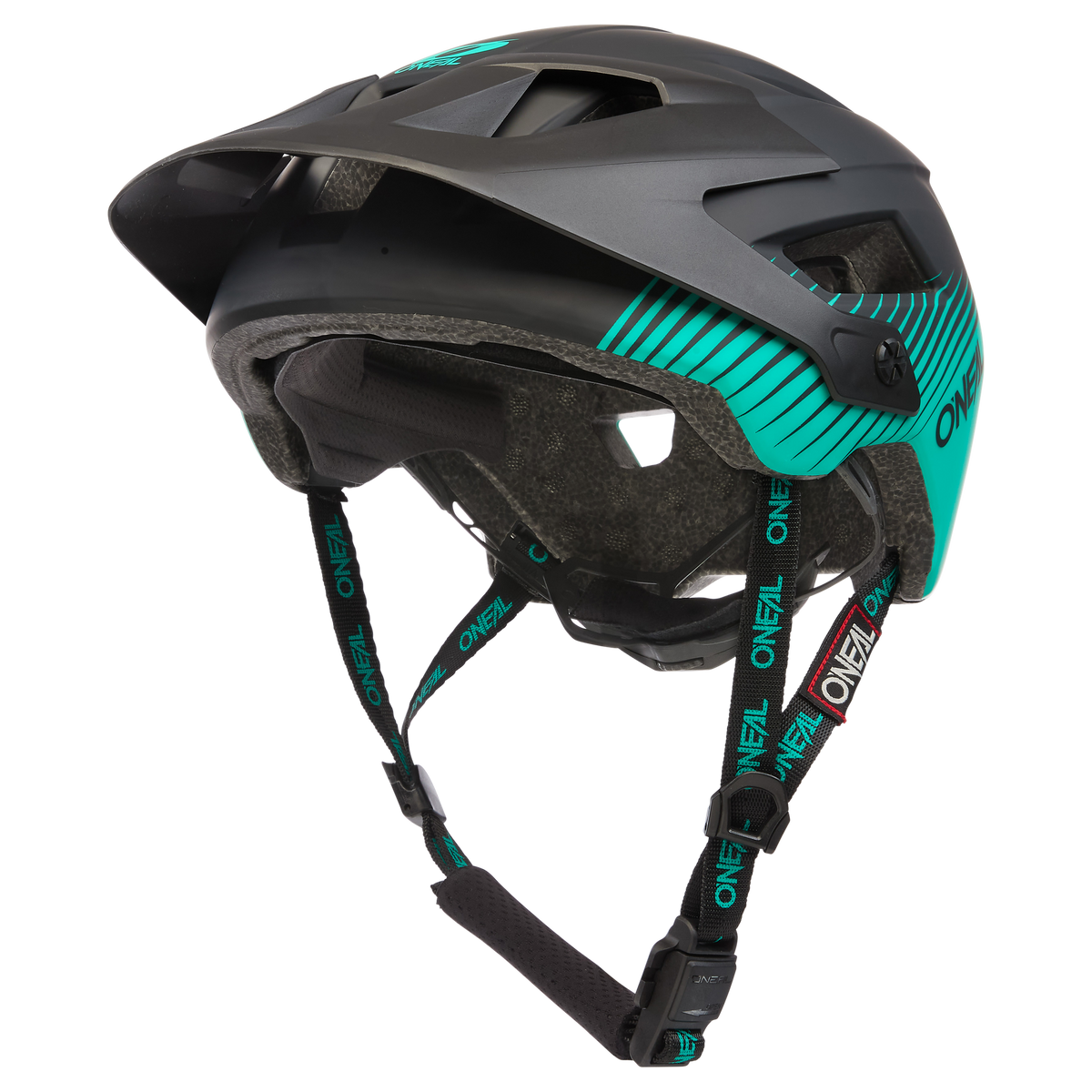 Der O'NEAL DEFENDER Helm GRILL in Schwarz und Petrol verfügt über ein stabiles Visier, Belüftungslöcher, verstellbare Riemen und das O'NEAL-Logo auf der Seite und den Kinnriemen.