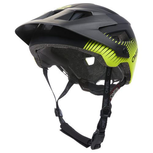 Der O'NEAL DEFENDER Helm GRILL von O'NEAL ist ein schwarz-gelber Fahrradhelm mit Belüftungslöchern, einem verstellbaren Kinnriemen und einer Innenpolsterung für Komfort und Schutz.