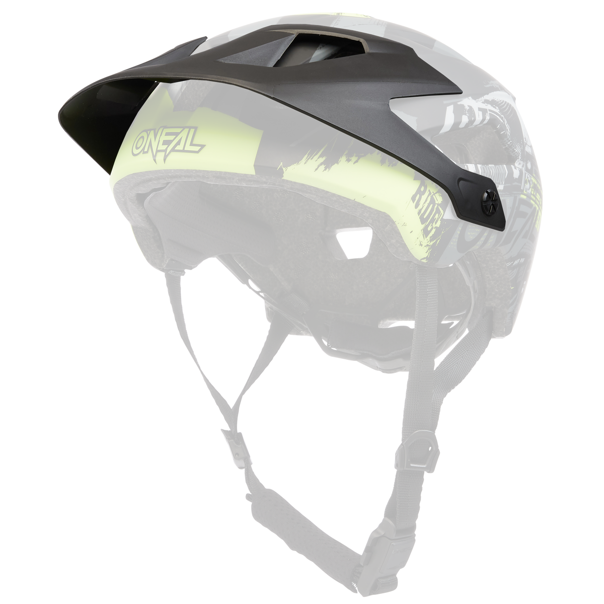 Der O'NEAL Visor DEFENDER Helmet RIDE in Schwarz und Neongelb verfügt über einen verstellbaren Riemen, Belüftungslöcher und ein Visier, das von der Rückseite aus betrachtet wird.