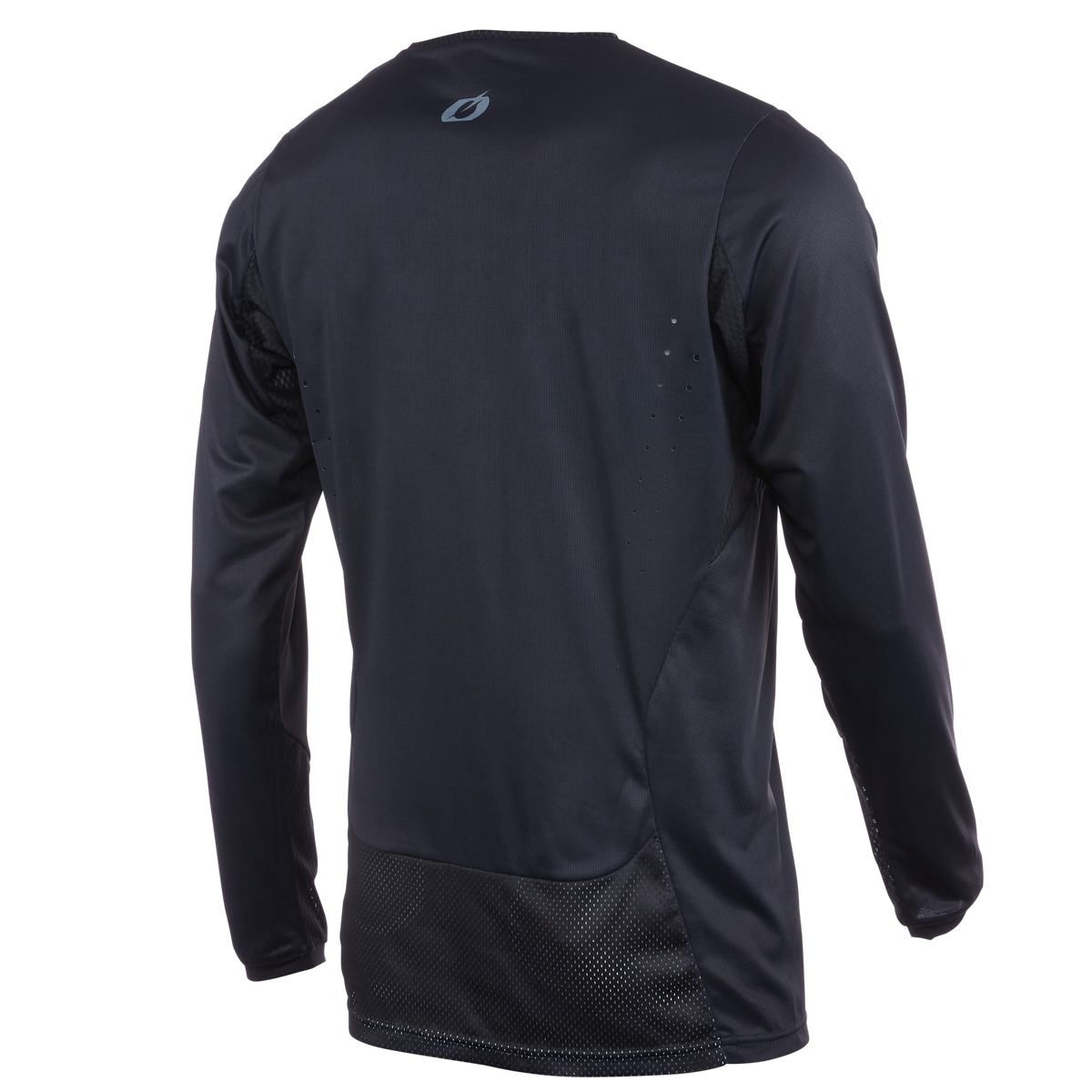 Das O'NEAL ELEMENT FR Jersey PLAIN, von hinten in einer dunklen Farbe abgebildet, verfügt über lange Ärmel, Mesh-Belüftungseinsätze und ein kleines, leichtes Logo - von O'NEAL für Enduro- und Downhill-MTB-Performance entwickelt.