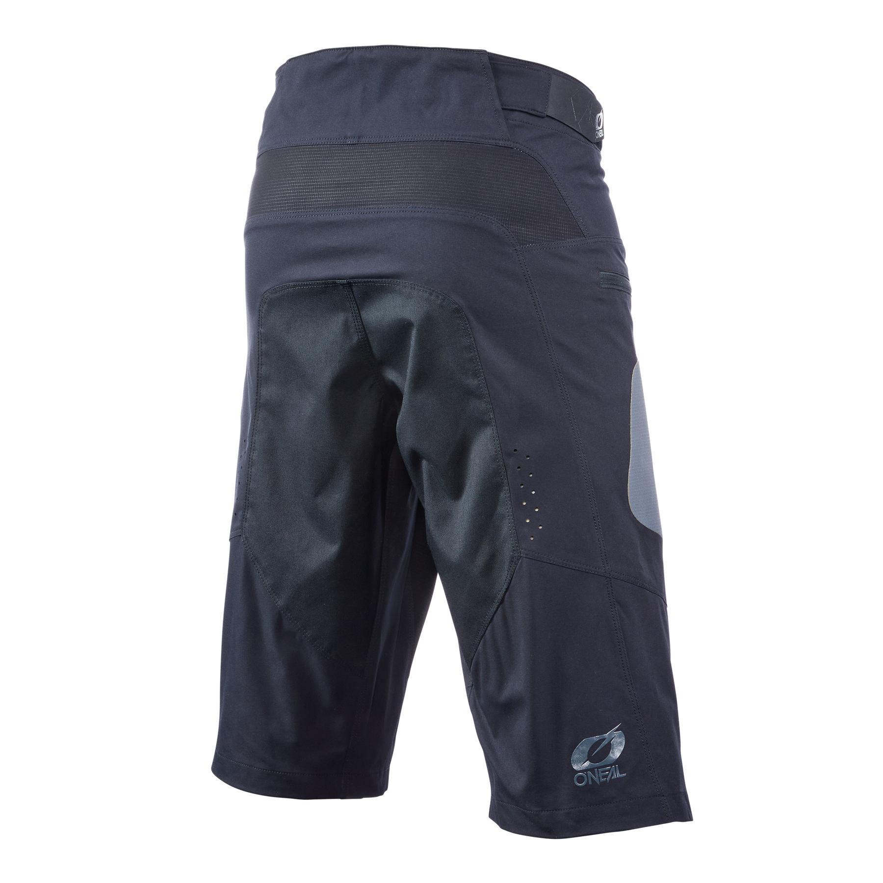 Die O'NEAL ELEMENT FR Shorts HYBRID in Schwarz und Dunkelgrau verfügt über einen verstärkten Sitz, Mesh-Einsätze, Belüftungslöcher am Oberschenkel und das O'NEAL-Logo am linken Bein - ideal für jedes Bike-Abenteuer.