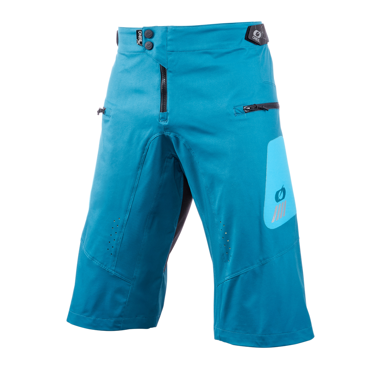 O'NEAL ELEMENT FR Shorts HYBRID von O'NEAL, knielang, mit Reißverschluss vorne, Seitentaschen und einer hellblauen Fahrradgrafik auf einem Bein, abgebildet auf einem weißen Hintergrund.