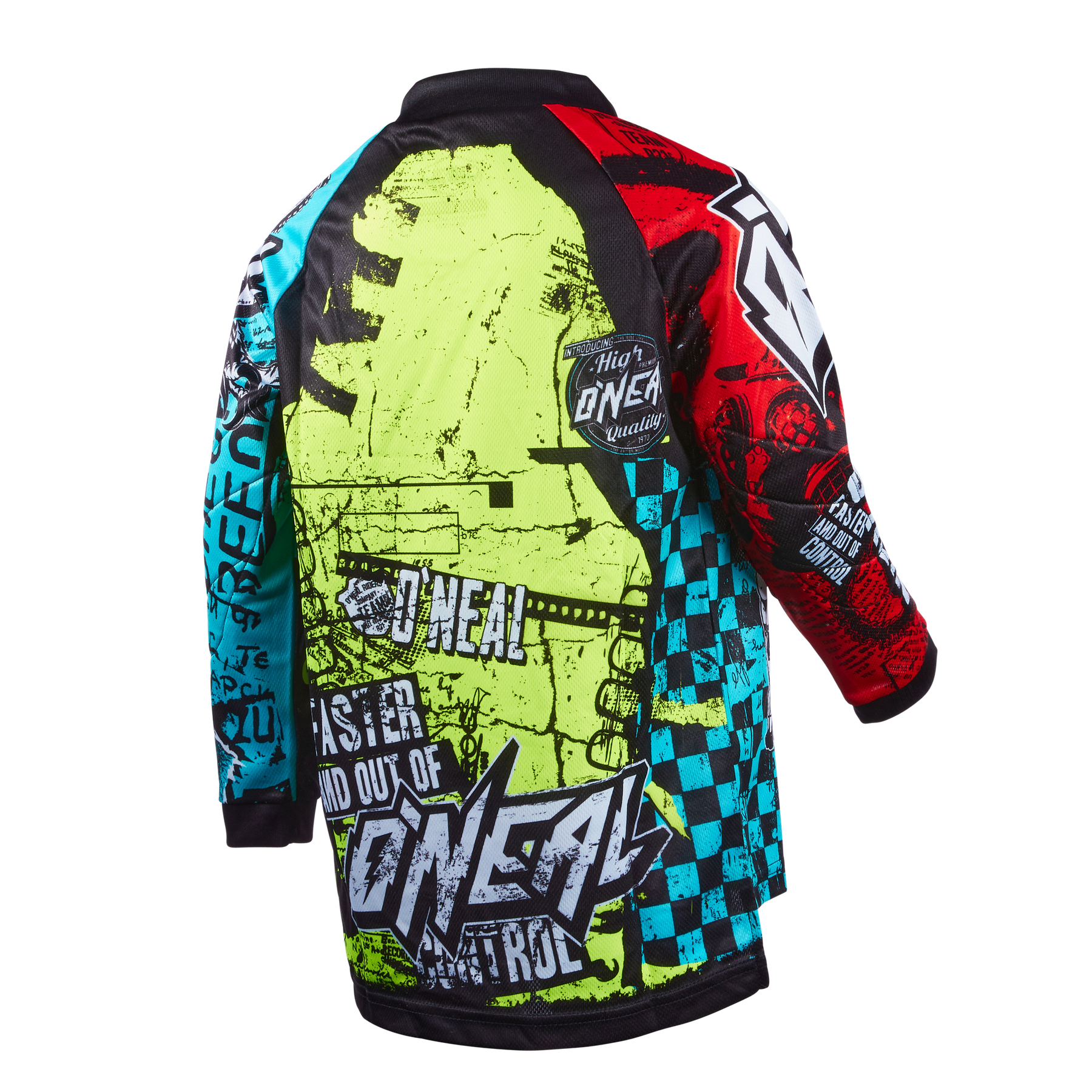 Das O'NEAL ELEMENT Jersey Kinder WILD ist ein leuchtendes Motocross-Trikot mit auffälligen neongelben, roten, blauen und schwarzen Grafiken, Schachbrettmustern, einem großen "O'NEAL"-Logo auf dem Rücken und gemischten Ärmel-Designs für einen auffälligen Look.