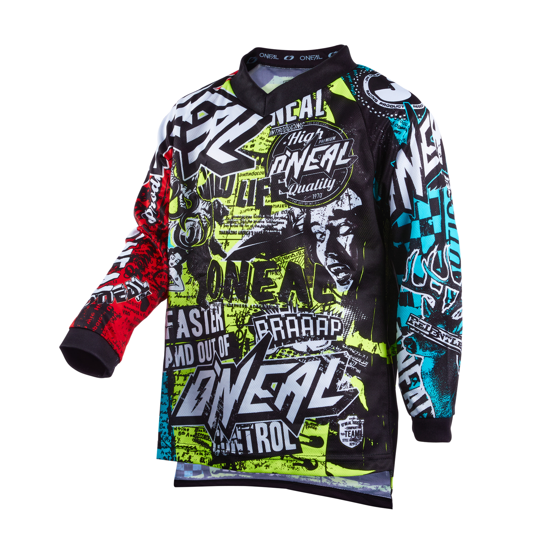 Das O'NEAL ELEMENT Jersey Kinder WILD ist ein langärmeliges Trikot mit leuchtenden roten, grünen, blauen, schwarzen und weißen Grafiken mit auffälligen O'NEAL-Logos und dynamischen, vom Rennsport inspirierten Designs.