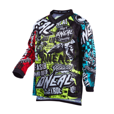 Das O'NEAL ELEMENT Jersey Kinder WILD ist ein langärmeliges Trikot mit leuchtenden roten, grünen, blauen, schwarzen und weißen Grafiken mit auffälligen O'NEAL-Logos und dynamischen, vom Rennsport inspirierten Designs.