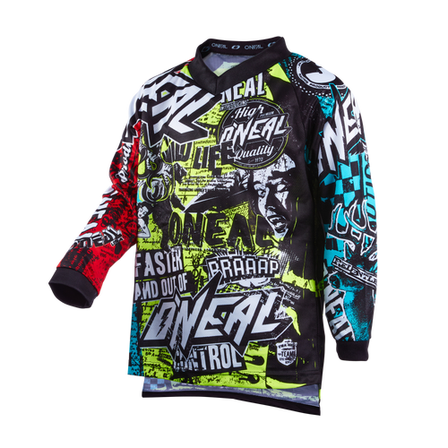 Das O'NEAL ELEMENT Jersey Kinder WILD ist ein langärmeliges Trikot mit leuchtenden roten, grünen, blauen, schwarzen und weißen Grafiken mit auffälligen O'NEAL-Logos und dynamischen, vom Rennsport inspirierten Designs.