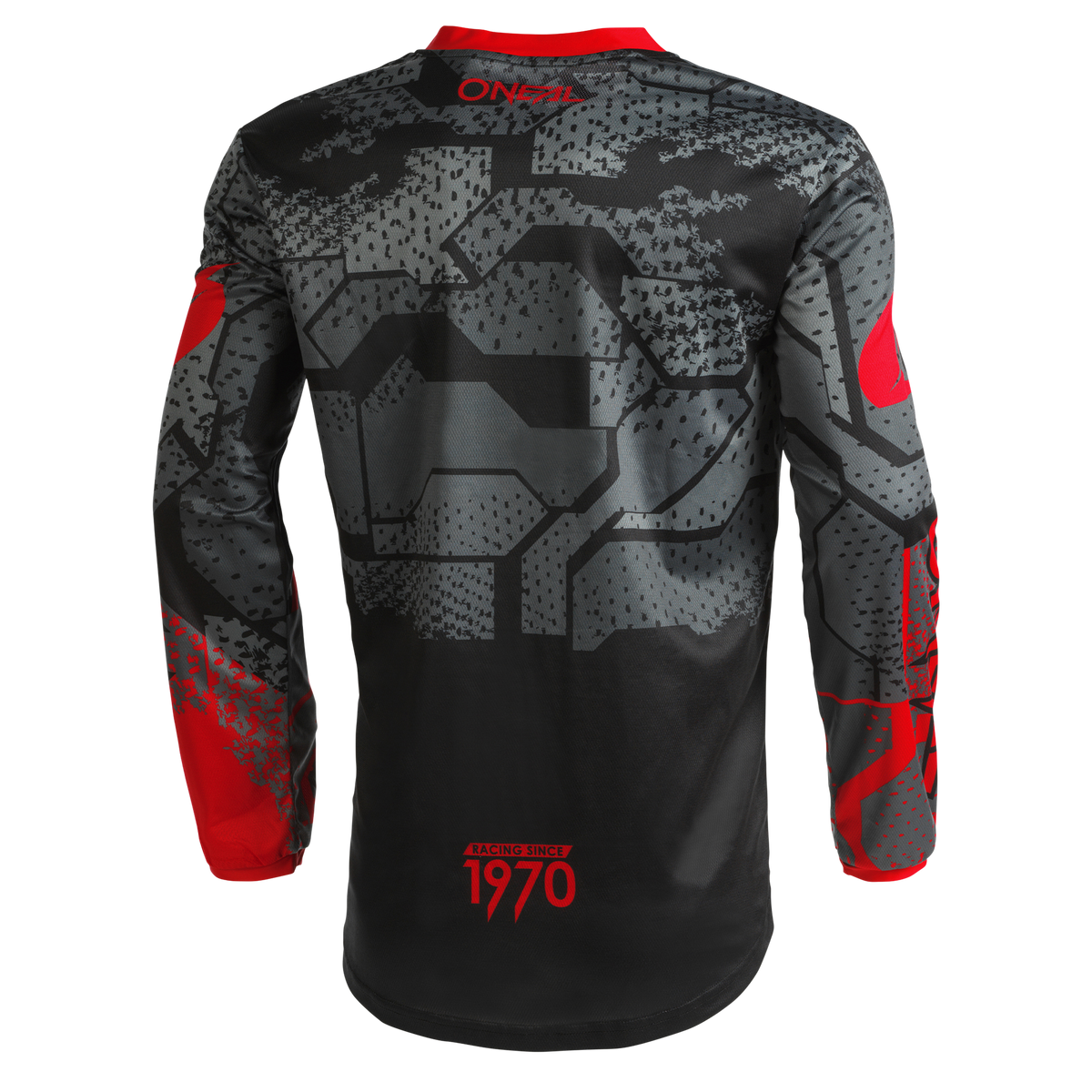 Das O'NEAL ELEMENT Trikot CAMO zeigt ein elegantes geometrisches Design in Schwarz, Grau und Rot mit "1970" und "O'NEAL" auf dem Rücken. Seine perfekte Passform und das atmungsaktive Material sorgen für maximalen Komfort beim Fahren.