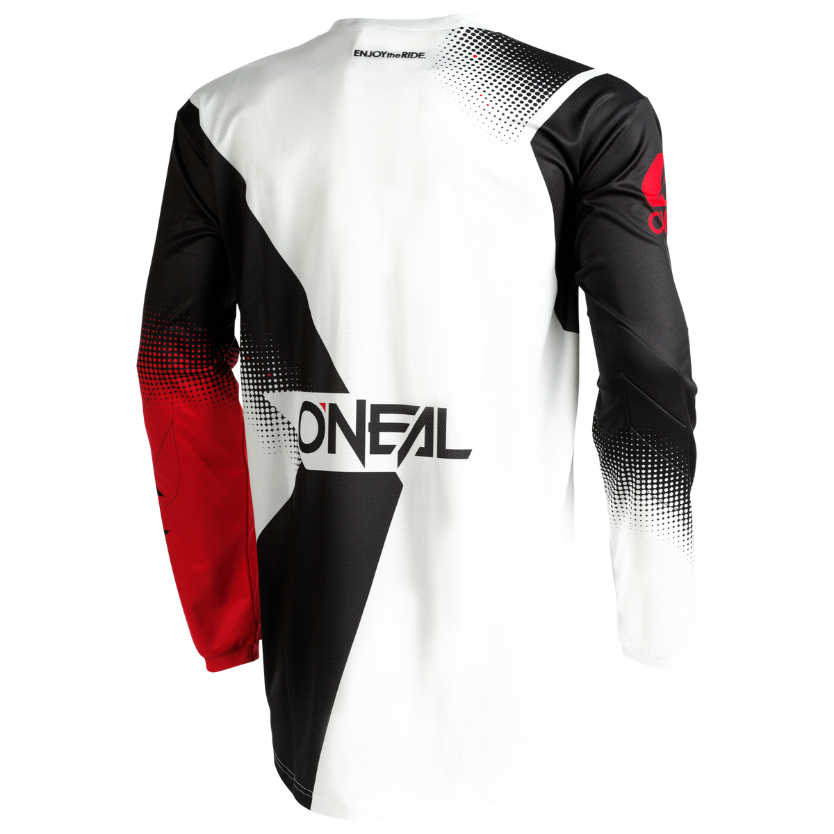 Das O'NEAL ELEMENT Jersey RACEWEAR ist ein langärmeliges Motocross-Trikot von O'NEAL mit atmungsaktivem Material für hohen Tragekomfort und einem auffälligen geometrischen Design in Schwarz, Weiß und Rot mit dem Schriftzug "O'NEAL" auf dem Rücken.