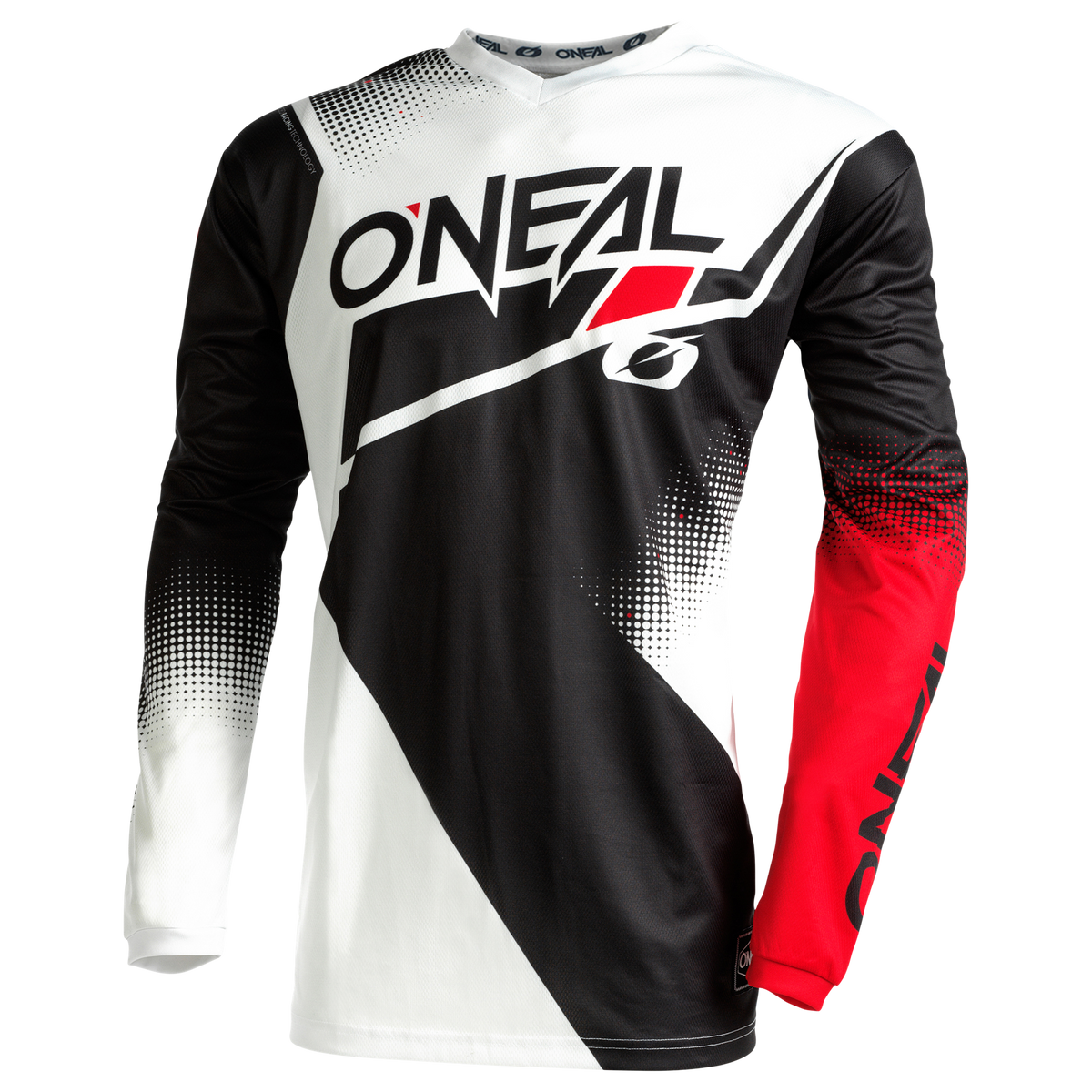 Das O'NEAL ELEMENT Jersey RACEWEAR von O'NEAL ist ein langärmeliges Motocross-Trikot mit einem auffälligen geometrischen Design in Schwarz, Weiß und Rot, atmungsaktivem Material, perfekter Passform und dem O'NEAL-Logo auf Brust und Ärmel.
