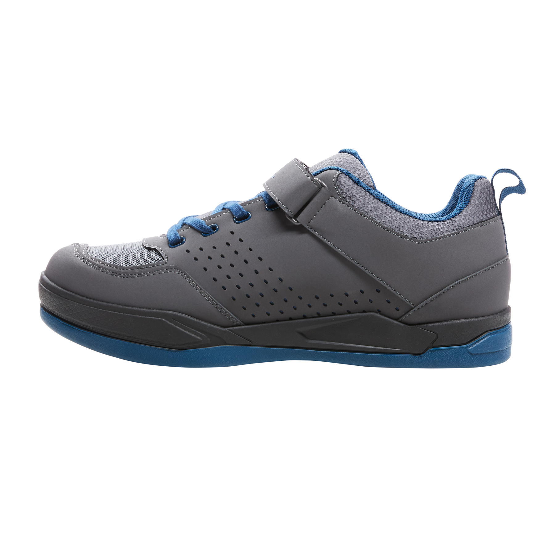 Der O'NEAL FLOW SPD Schuh ist ein grauer Sportschuh mit blauen Schnürsenkeln, blauem Innenfutter und einer blau-grauen Sohle. Er verfügt über einen Klettverschluss und perforierte Seiten für die Belüftung - ideal für Fans der hochwertigen O'NEAL-Ausrüstung.