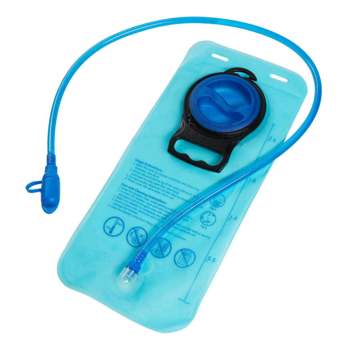 Der O'NEAL Hydration Bladder ROMER Rucksack hat ein blaues Design mit einem langen Trinkschlauch, einem Mundstück, Messmarkierungen und gedruckten Anweisungen - ideal, um auch unterwegs hydriert zu bleiben.