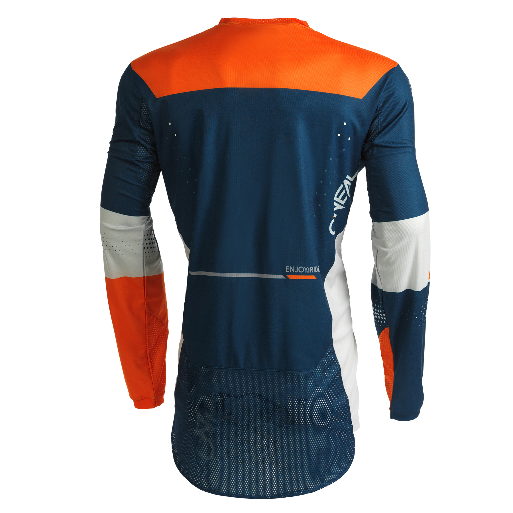 Das O'NEAL HARDWEAR Jersey HAZE ist in den Farben Navy, Orange und Weiß gehalten (von hinten gesehen). Hergestellt aus leichtem, atmungsaktivem Gewebe mit Netzeinsätzen für hohe Leistung. Auf der Seite ist "ENJOY RIDE" aufgedruckt.