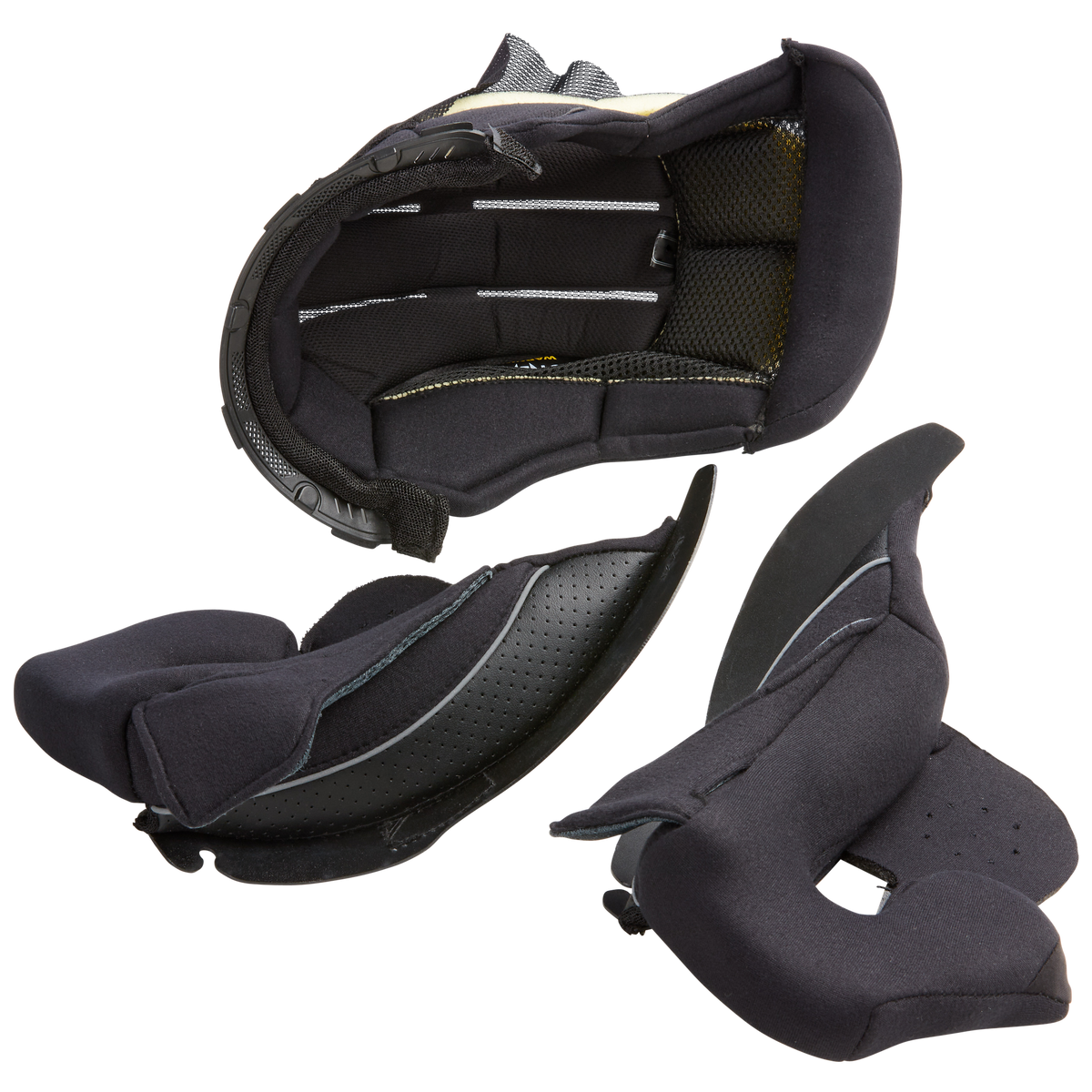 Drei O'NEAL Liner & Cheek Pads M-SRS Helmeinsätze sind auf weißem Hintergrund abgebildet, um ihre Form, ihre Polsterung und ihr atmungsaktives Material aus verschiedenen Blickwinkeln hervorzuheben.