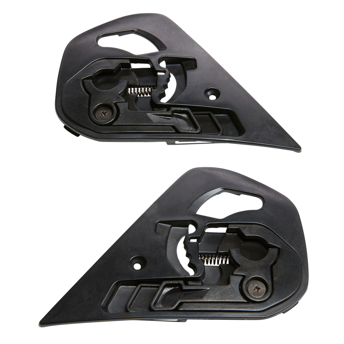 Zwei schwarze O'NEAL M-SRS Ersatz-Seitenplatten aus Kunststoff und Metall mit eckigen, dreieckigen Formen und sichtbaren Federn/Schrauben sind vor einem weißen Hintergrund abgebildet. Die obere Platte ist im Verhältnis zur unteren Platte umgedreht.