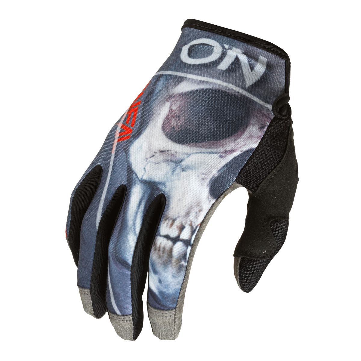 Der O'NEAL MAYHEM Handschuh BONES ist ein schwarzer und grauer Motocross-Handschuh mit einer Skull-in-Helm-Grafik, "ON"-Text über dem Auge, verstärkten Fingerspitzen und einer strukturierten Handfläche für mehr Grip. Marke: O'NEAL.
