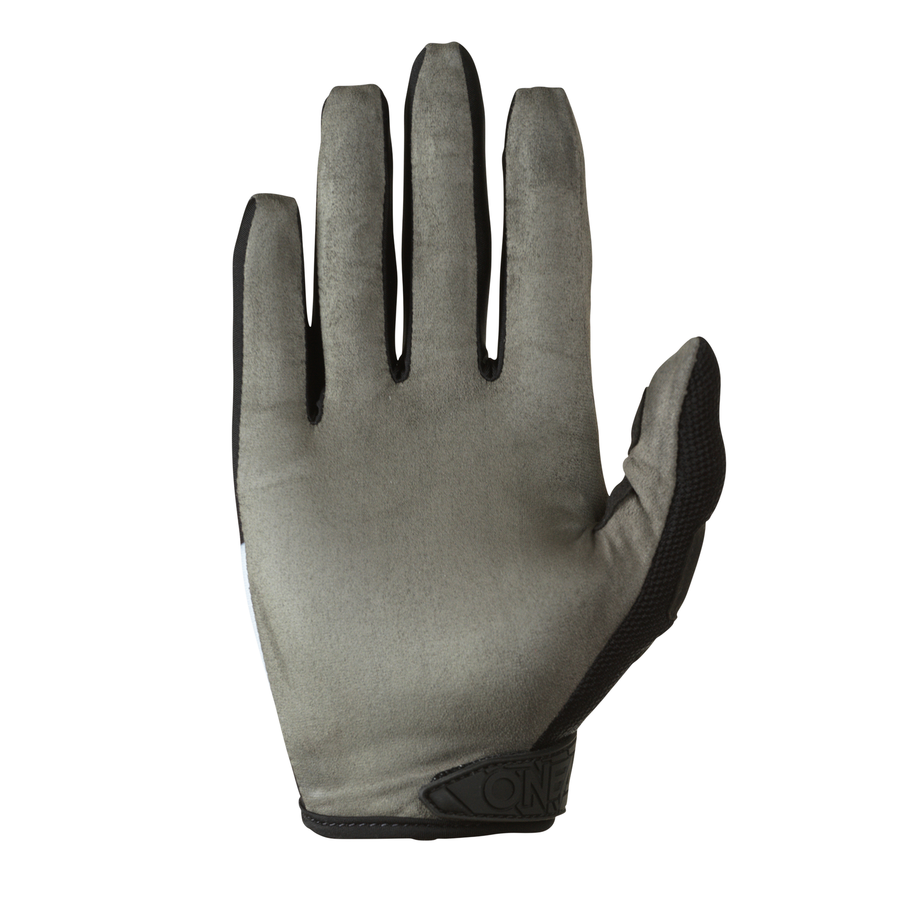 Ein einzelner O'NEAL MAYHEM Handschuh RIDER von O'NEAL, in Grau mit schwarzem Rand, ist mit der Handfläche nach oben auf weißem Hintergrund abgebildet. Die glatte Oberfläche des Handschuhs lässt vermuten, dass er für den Radsport oder andere sportliche Aktivitäten gedacht ist.