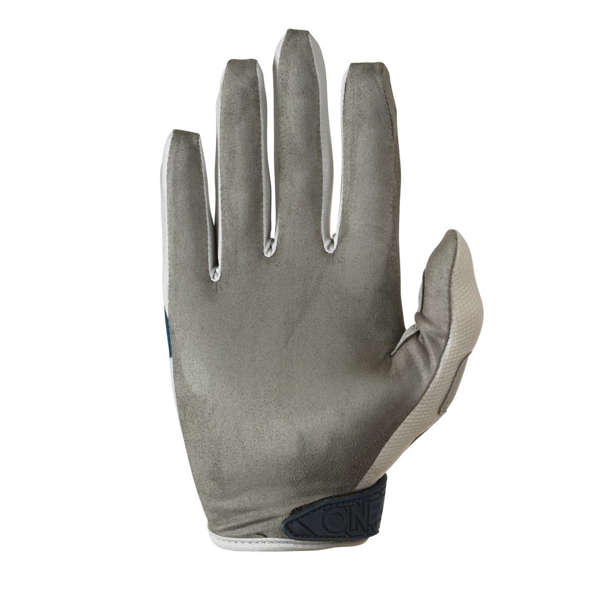 Der O'NEAL MAYHEM Handschuh RIDER von O'NEAL ist ein grauer Handschuh mit dunkelblauer Handschlaufe, der mit der Handfläche nach oben und ausgestreckten Fingern auf weißem Hintergrund abgebildet ist.