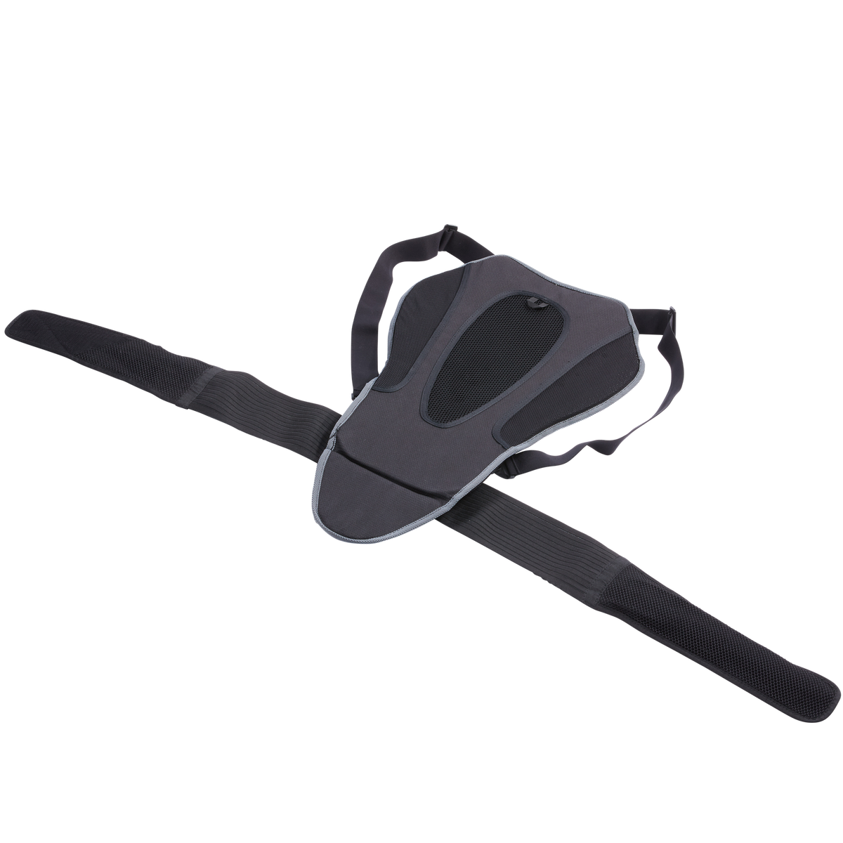 Der O'NEAL PROGRESSION Rückenprotektor schwarz ist ein schwarz-grau gepolsterter Rückenprotektorgürtel mit verstellbaren Trägern und Mesh-Details, flach auf weißem Grund. EN 1621-2 Level 2 zertifiziert für zuverlässigen Schutz durch O'NEAL.