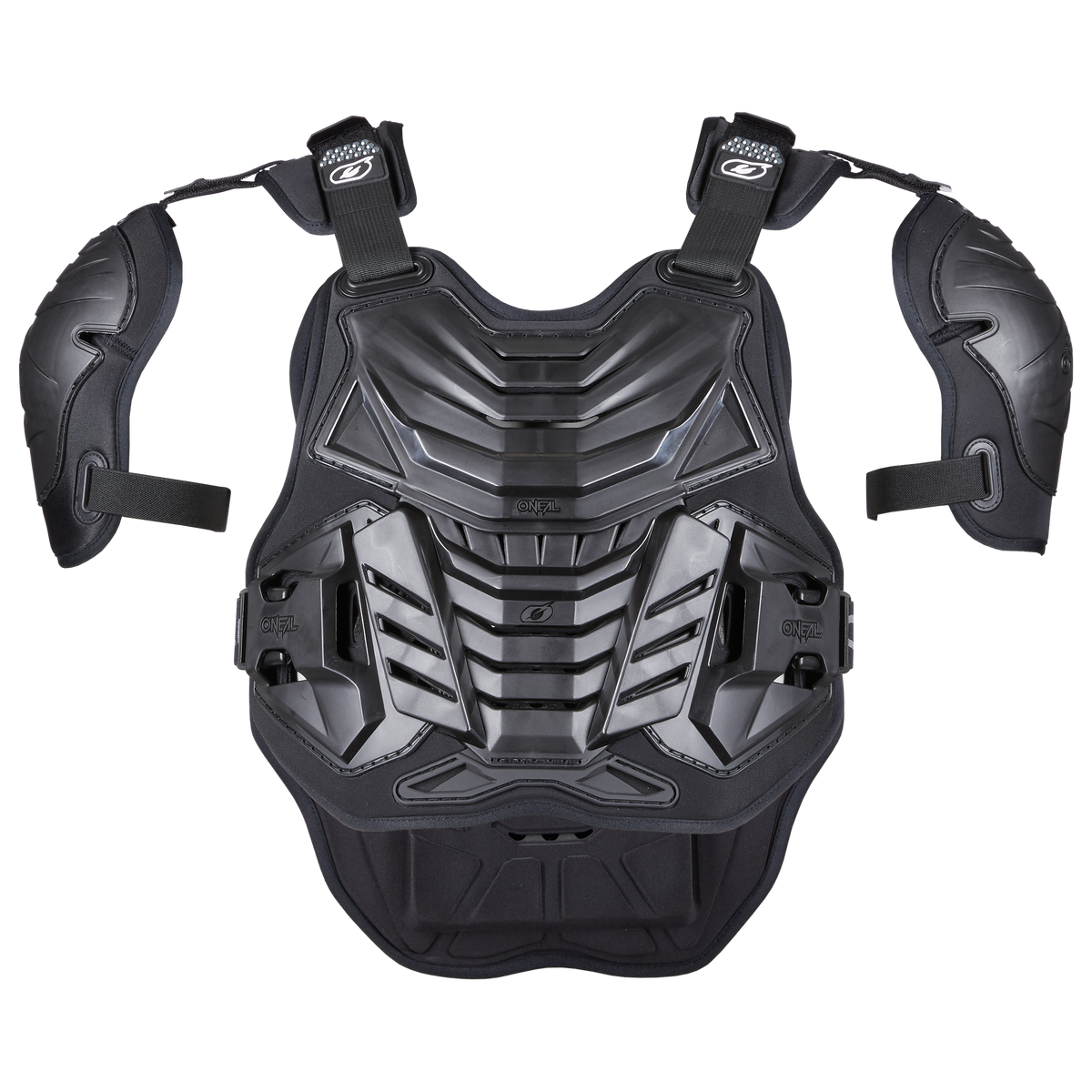 The O'NEAL PROGRESSION chest protector PRO by O'NEAL offers a black and gray CE-certified chest and shoulder protector with adjustable straps, hard plastic plates, high comfort and optimal ventilation for motocross sports.