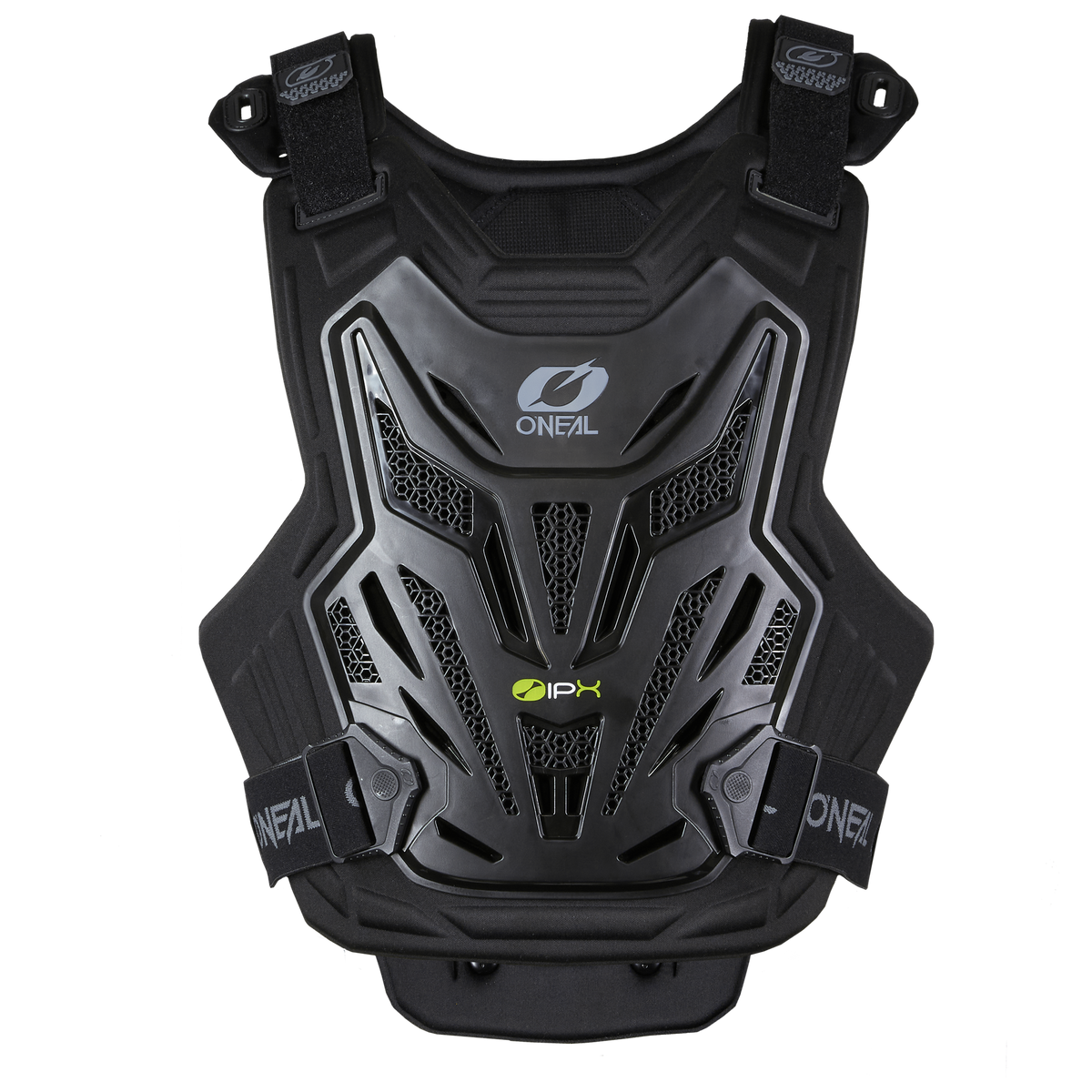 Der O'NEAL SPLIT LITE Chest Protector verfügt über eine Hartschale, belüftete Paneele und verstellbare Riemen. Ideal als MTB Zubehör von O'NEAL für den sportlichen Einsatz, zeigt er ein gelbes "IPX" Logo in der Mitte.