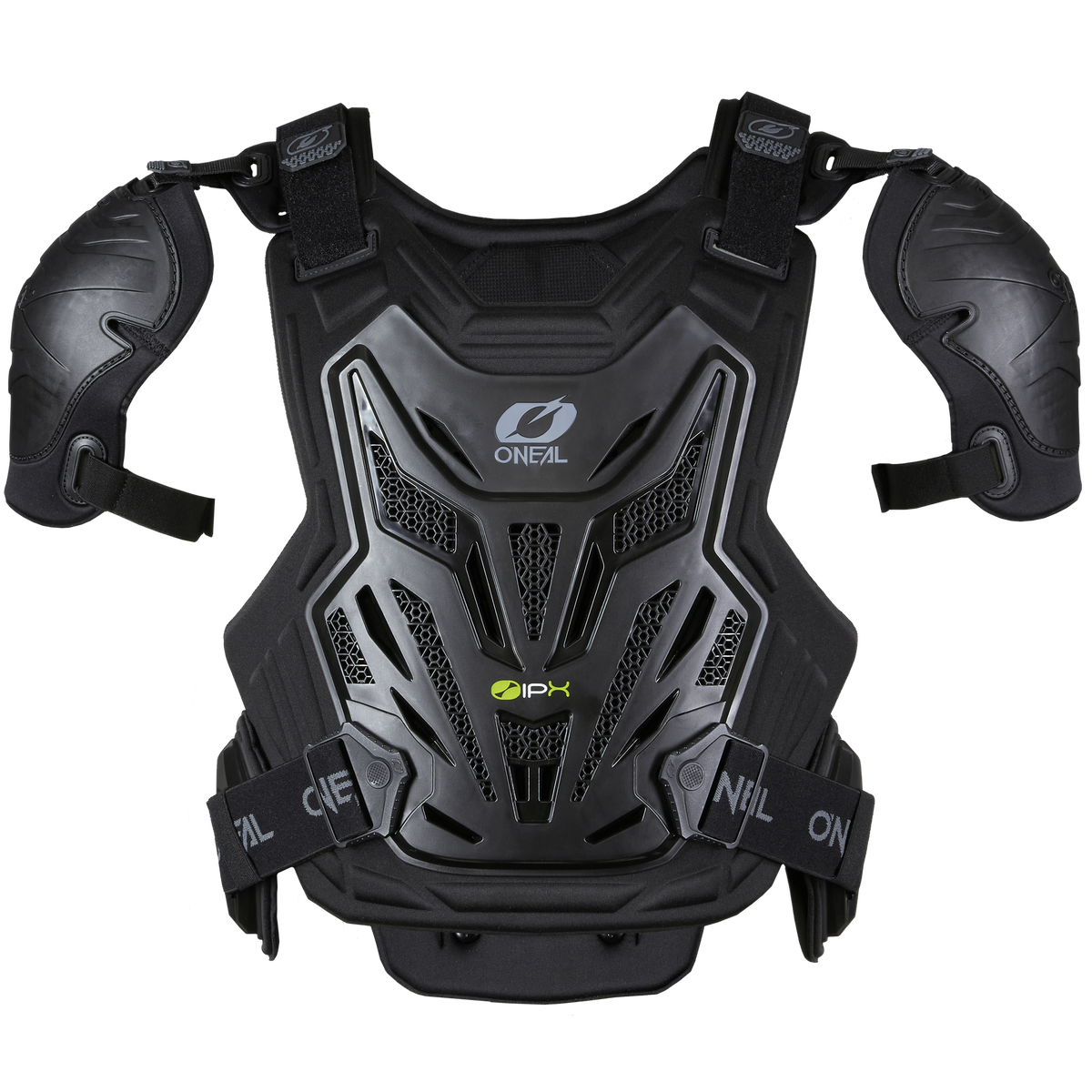 Der O'NEAL SPLIT PRO Brustprotektor in Schwarz und Grau verfügt über verstellbare Träger, Belüftungslöcher und ein auffälliges O'NEAL-Branding - ideal für Motorsportfans.