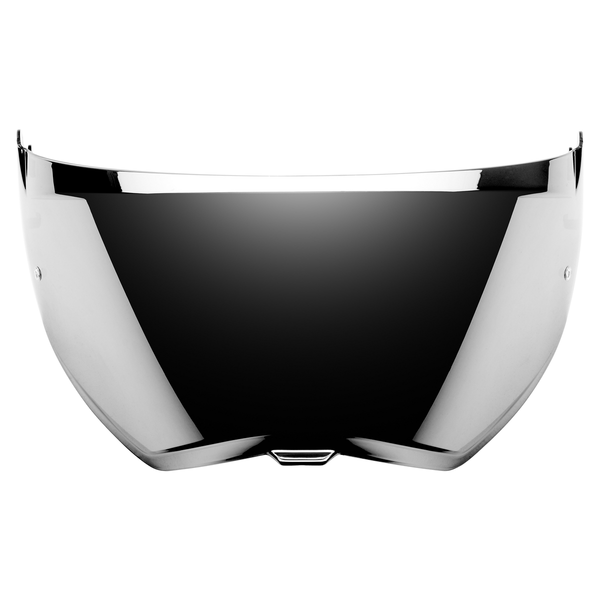 Der O'NEAL Shield D-SRS Helm verfügt über ein reflektierendes, gebogenes Visier mit glänzender Oberfläche auf schwarzem Hintergrund.