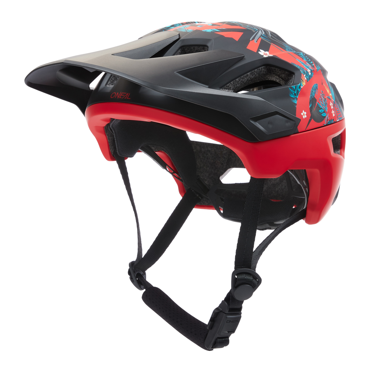 Der O'NEAL TRAILFINDER Helm RIO ist ein rot-schwarzer Mountainbike-Helm mit blauer und roter Grafik, Belüftungsöffnungen, verstellbaren schwarzen Riemen, einem Visier, und ist perfekt für die Trailsicherung auf jeder Fahrt.