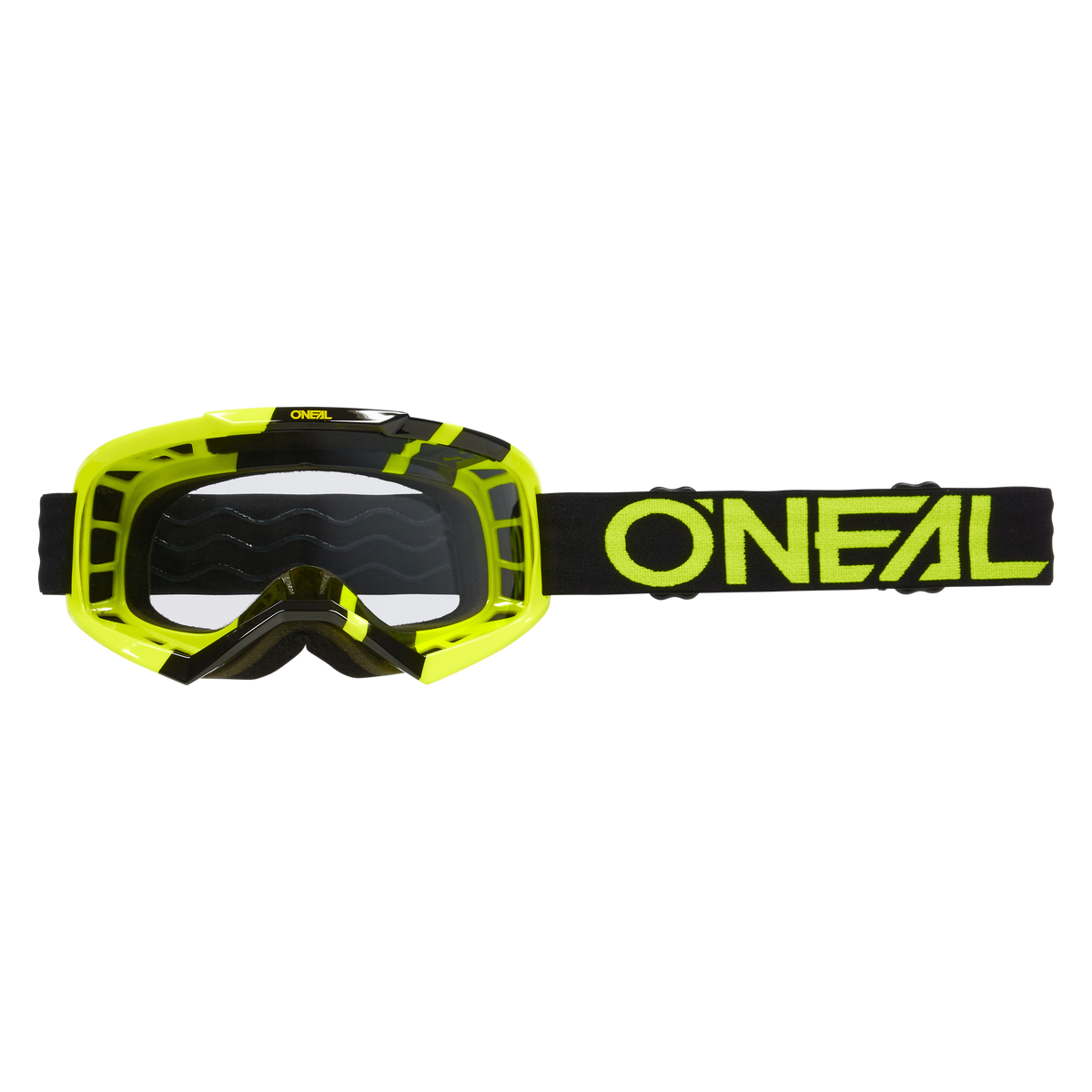 Die O'NEAL VAULT Brille SOLID in Schwarz und Neongelb verfügt über ein klares Glas und ein verstellbares schwarzes Band mit gelbem O'NEAL-Logo - der ideale Schutz für Ihre Motorsport-Kollektion.