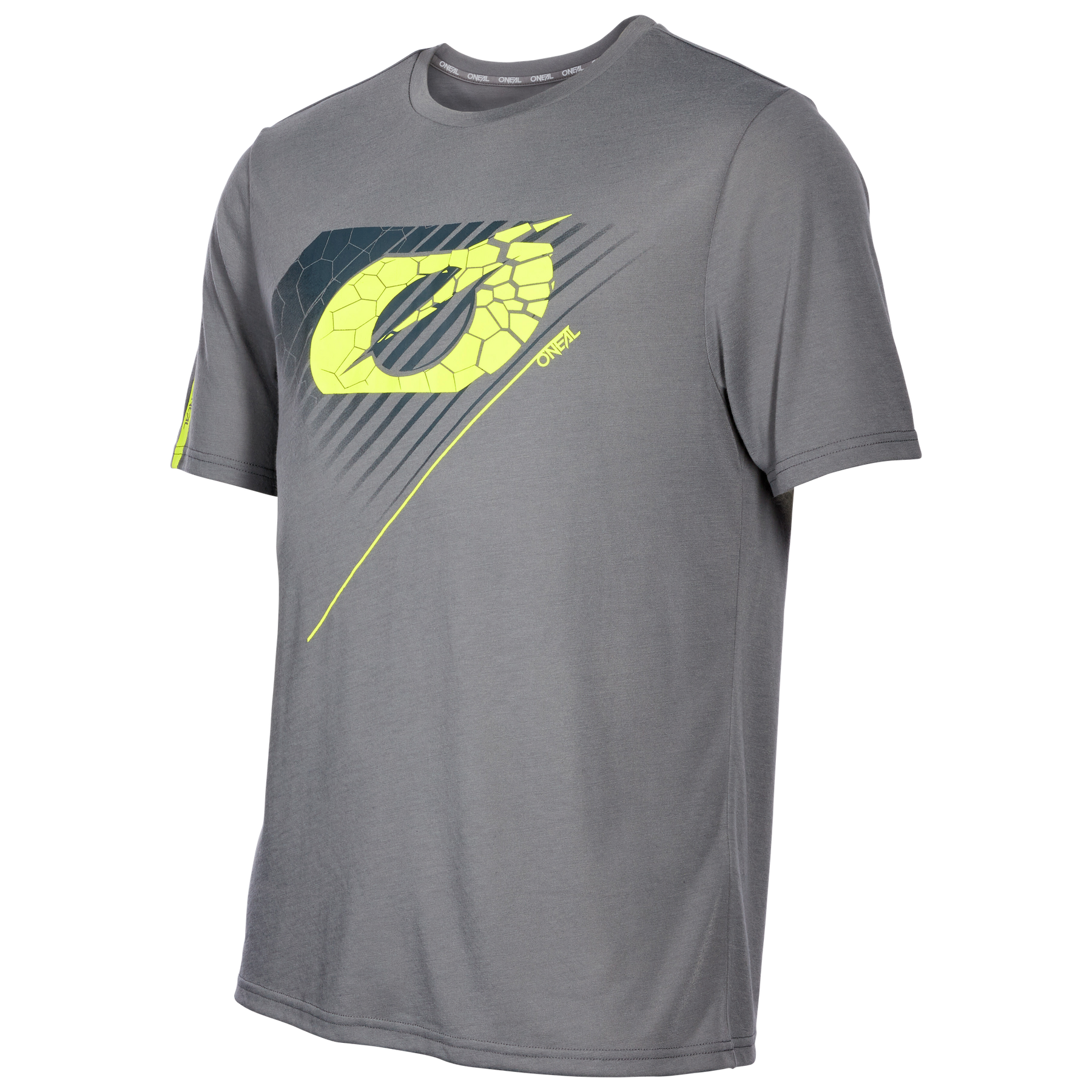 Das O'NEAL VAULT Jersey ist ein graues, atmungsaktives Kurzarm-T-Shirt mit einer auffälligen gelben und schwarzen geometrischen O'NEAL-Grafik auf der Vorderseite und einem kleinen, passenden Design auf dem linken Ärmel.
