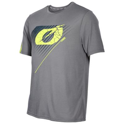 Das O'NEAL VAULT Jersey ist ein graues, atmungsaktives Kurzarm-T-Shirt mit einer auffälligen gelben und schwarzen geometrischen O'NEAL-Grafik auf der Vorderseite und einem kleinen, passenden Design auf dem linken Ärmel.