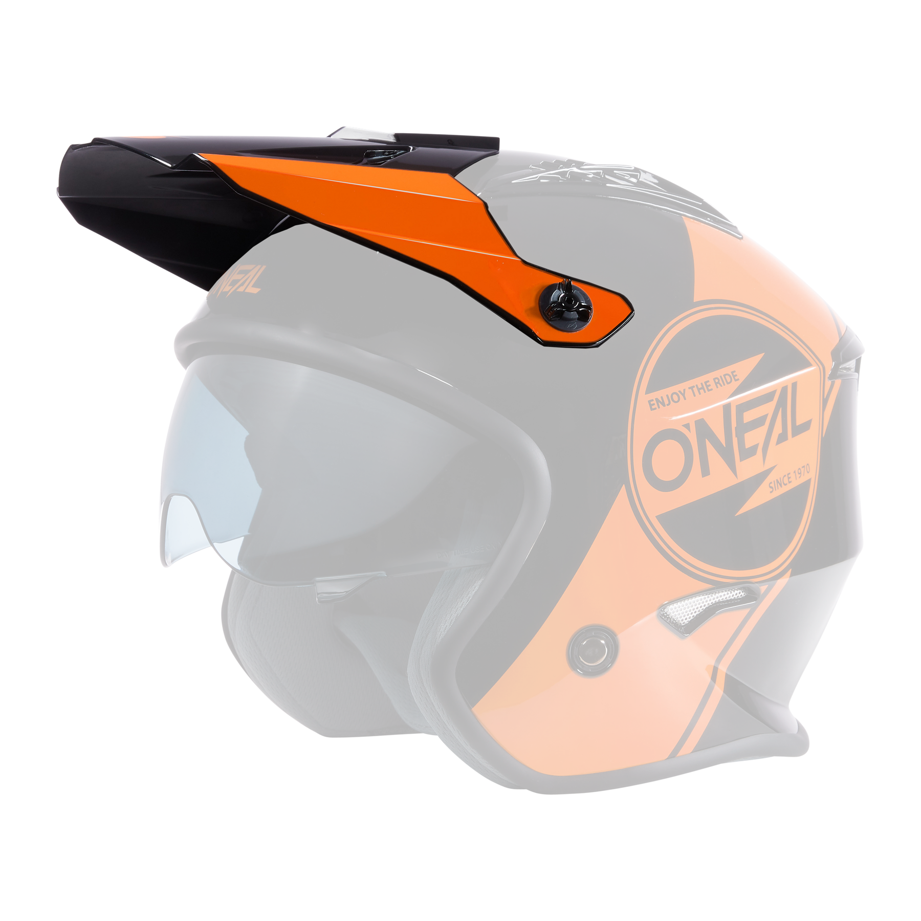 Der O'NEAL Visor VOLT Helmet CORP ist ein schwarz-orangefarbener Motorradhelm mit auffälligen Grafiken, einem getönten Visier, einem oberen Schirm und dem "Enjoy the Ride"-Slogan an der Seite.
