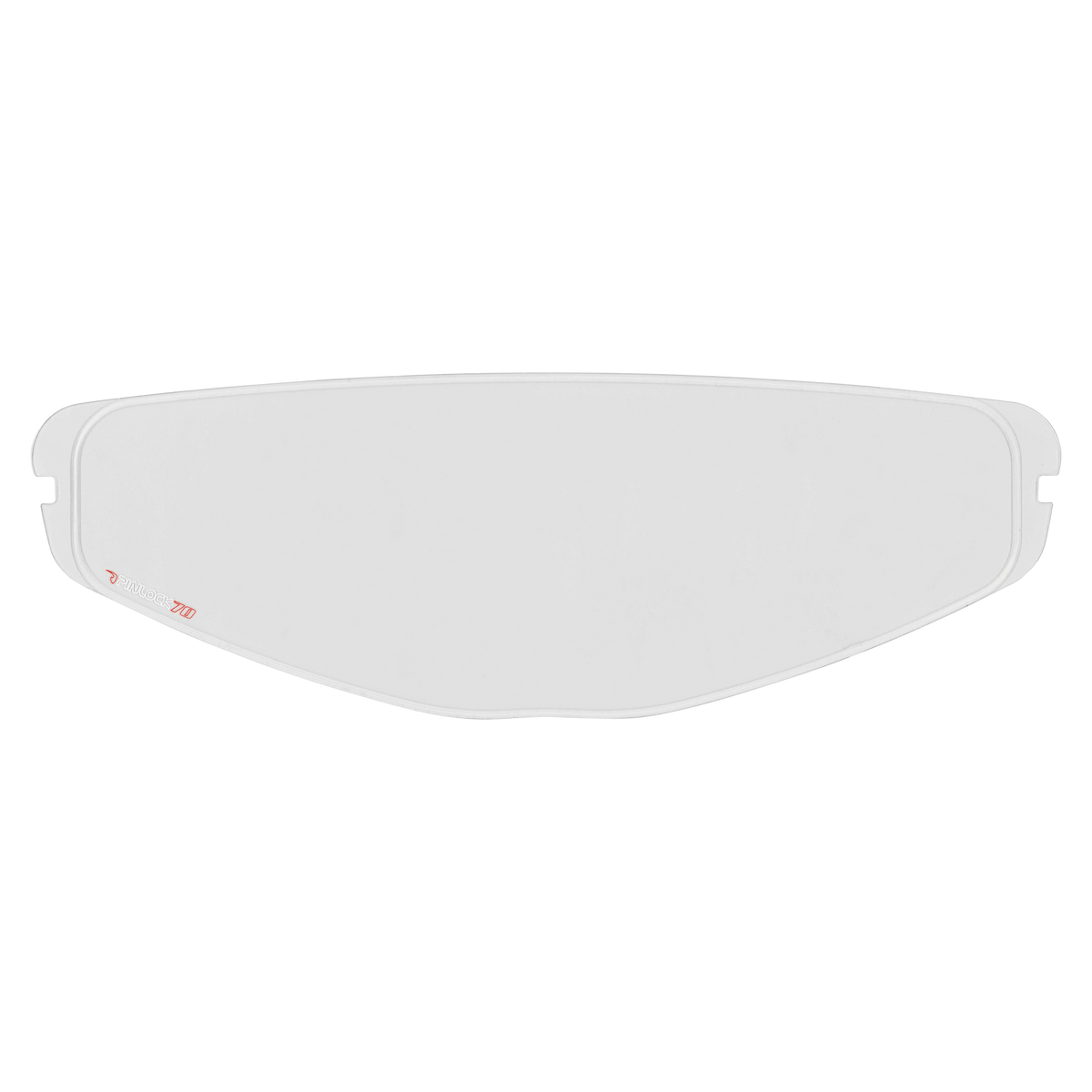 Der O'NEAL Pinlock 70 MaxVision Visor M-SRS Helmeinsatz ist eine klare, gewölbte Scheibe mit zwei Kerben pro Seite und einer kleinen roten Markierung in der linken unteren Ecke, die vor einem schlichten weißen Hintergrund abgebildet ist.