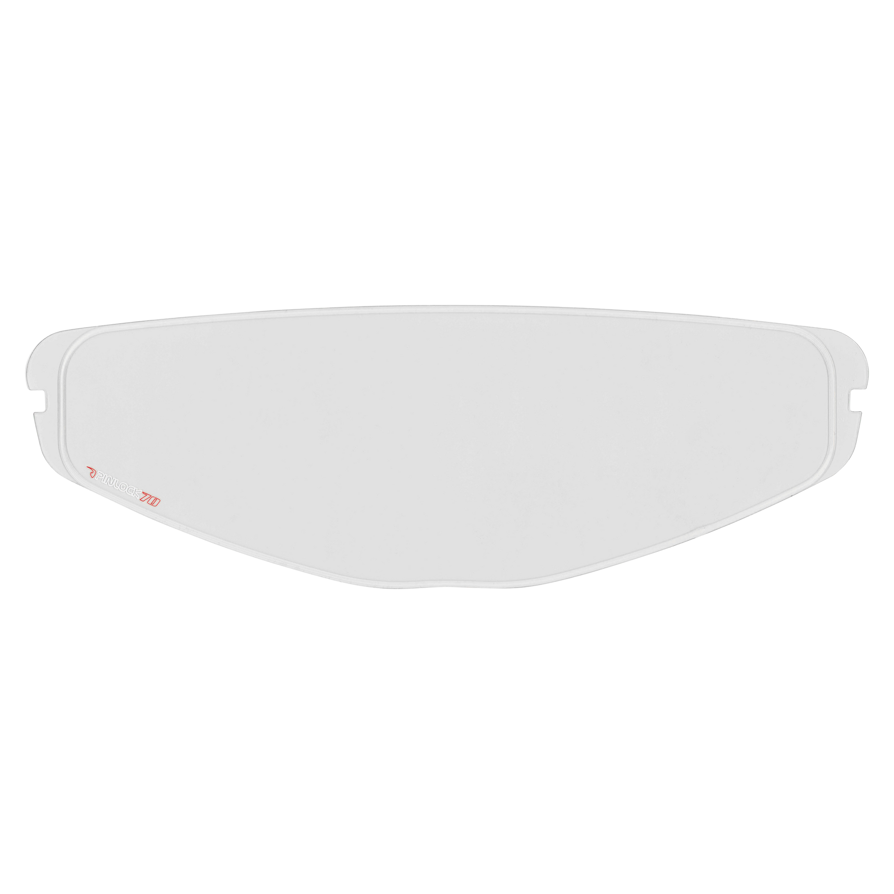 Der O'NEAL Pinlock 70 MaxVision Visor M-SRS Helmeinsatz ist eine klare, gewölbte Scheibe mit zwei Kerben pro Seite und einer kleinen roten Markierung in der linken unteren Ecke, die vor einem schlichten weißen Hintergrund abgebildet ist.