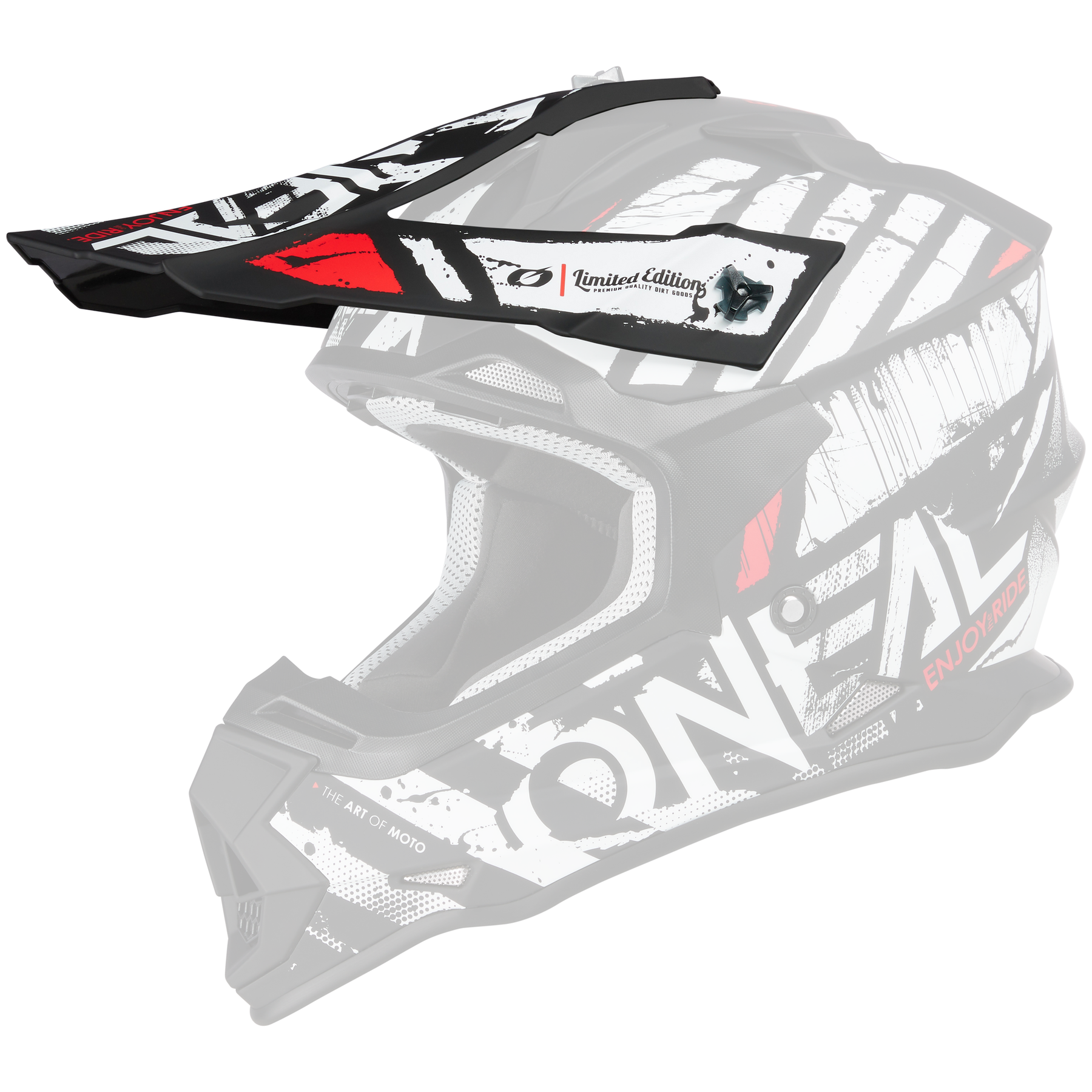 Der O'NEAL Visor 2SRS Helmet GLITCH ist ein schwarz-weißer Motocross-Helm mit roten Akzenten, auffälligen grafischen Motiven, "O'NEAL" und "Enjoy Ride" an der Seite, einem Visier und einer robusten, kantigen Form.