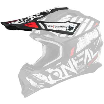 Der O'NEAL Visor 2SRS Helmet GLITCH ist ein schwarz-weißer Motocross-Helm mit roten Akzenten, auffälligen grafischen Motiven, "O'NEAL" und "Enjoy Ride" an der Seite, einem Visier und einer robusten, kantigen Form.