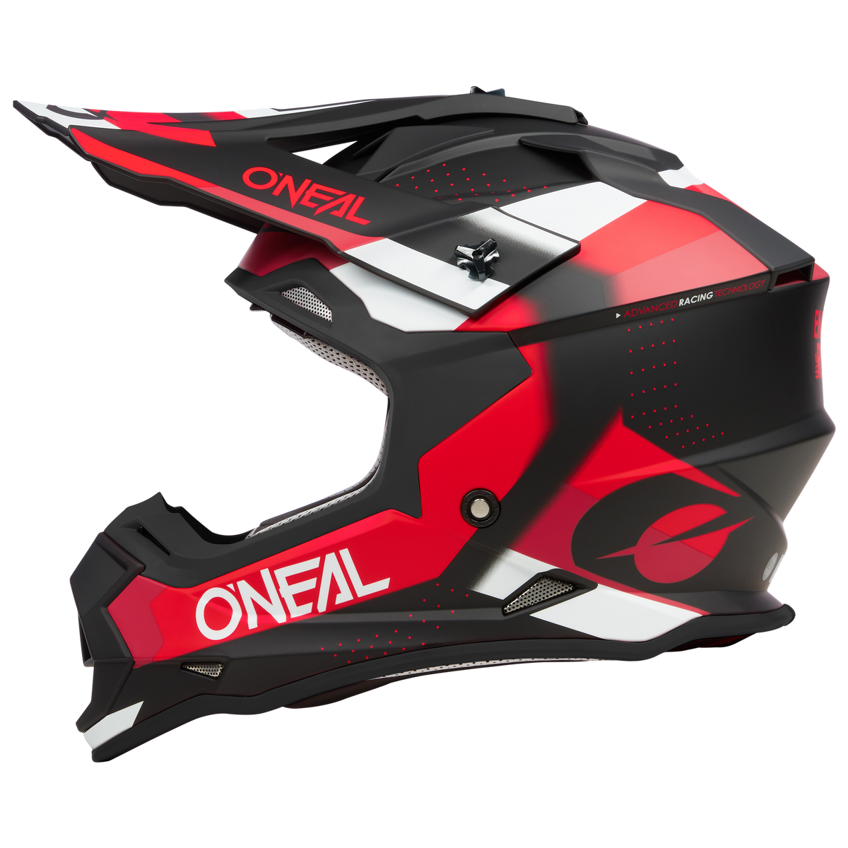 Der O'NEAL 2SRS Helm SPYDE ist ein rot-schwarz-weißer Motocross-Helm mit einem auffälligen geometrischen Design und dem O'NEAL-Logo - perfekt für Fahrer, die sowohl Stil als auch Schutz suchen.