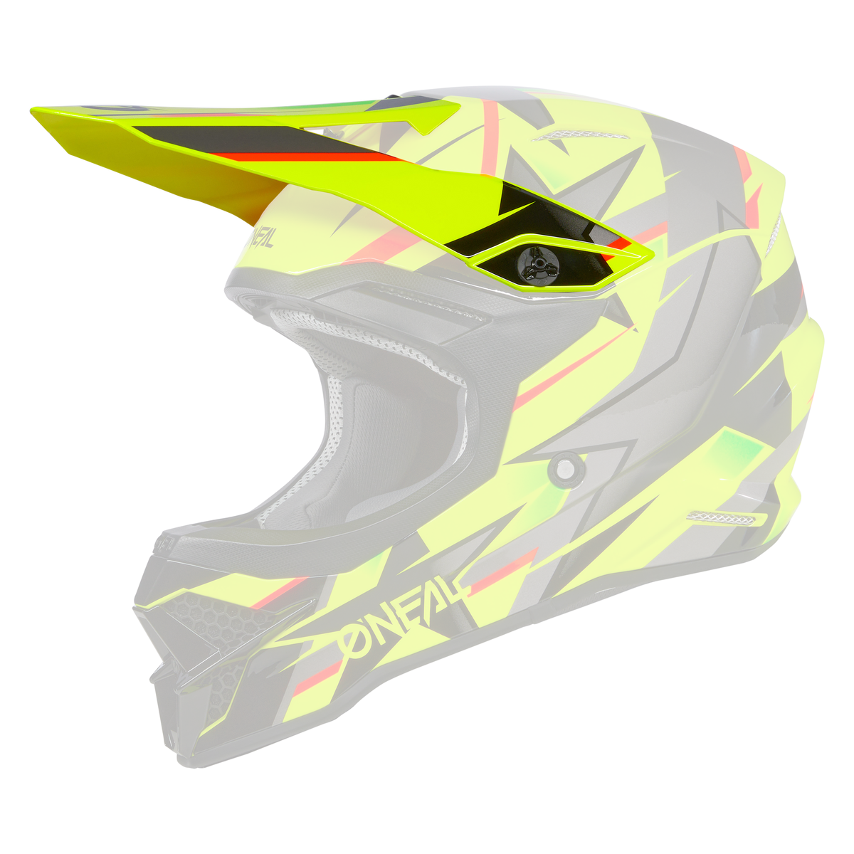 Der O'NEAL Visor 3SRS Helmet RIDE ist ein Motocross-Helm mit einem scharfen Visier, neongelbem, schwarzem und rotem geometrischen Design und dem O'NEAL-Logo an der Seite.