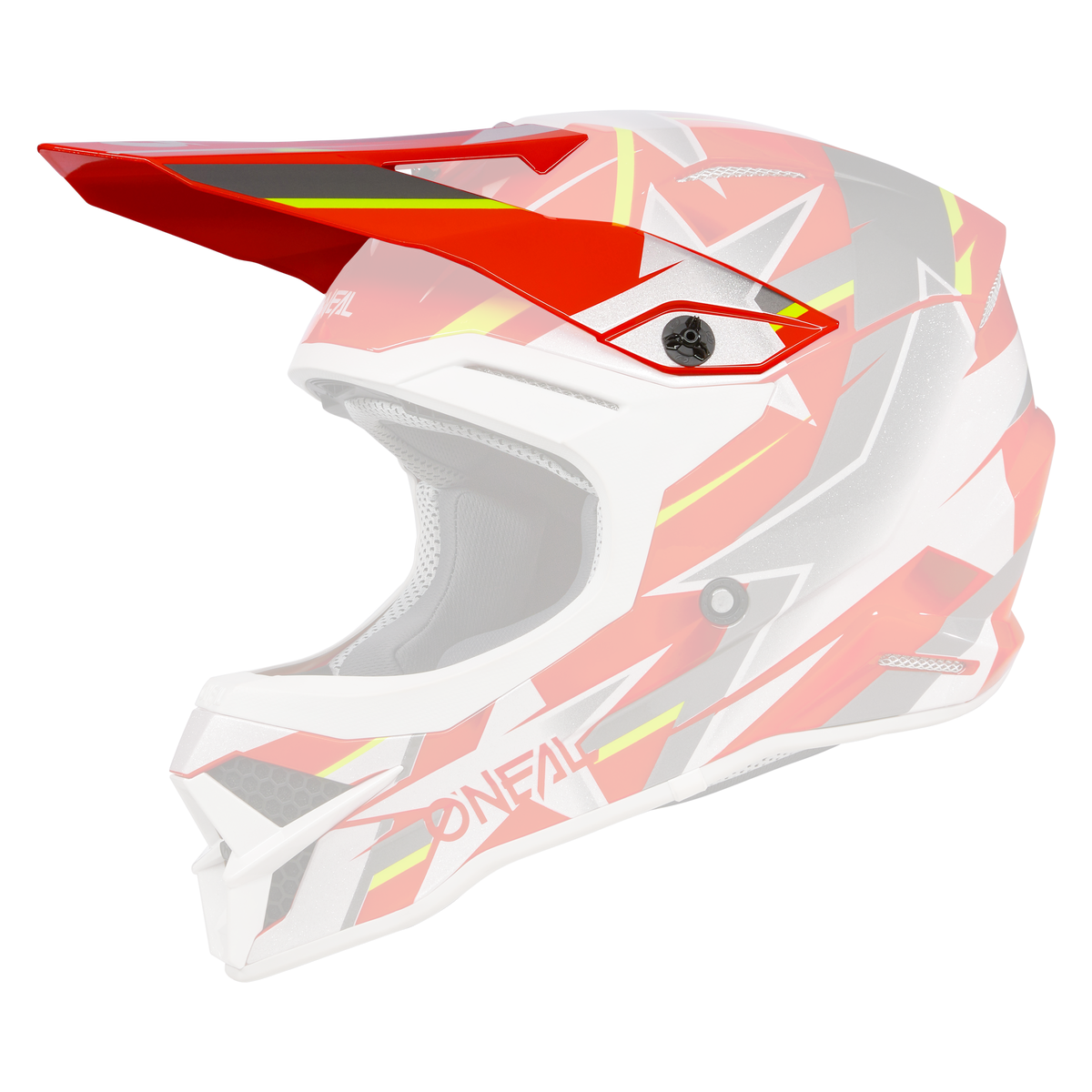 Der O'NEAL Visor 3SRS Helmet RIDE ist ein rot-weiß-grauer Fullface-Motocross-Helm mit gelben Akzenten, einem markanten Visier, schwarzen Belüftungsöffnungen, einem kantigen, modernen Design und O'NEAL-Branding an der Seite.