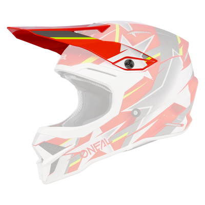 Der O'NEAL Visor 3SRS Helmet RIDE ist ein rot-weiß-grauer Fullface-Motocross-Helm mit gelben Akzenten, einem markanten Visier, schwarzen Belüftungsöffnungen, einem kantigen, modernen Design und O'NEAL-Branding an der Seite.