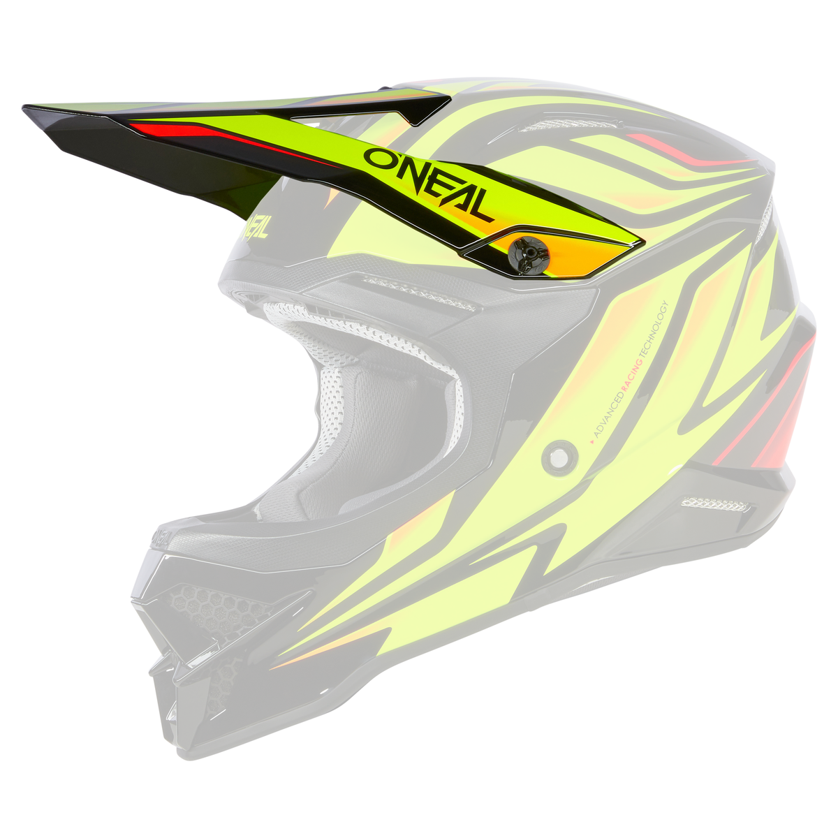 Der O'NEAL Visor 3SRS Helmet VERTICAL ist ein farbenfroher Fullface-Motocross-Helm mit gelben, orangefarbenen und schwarzen Grafiken, einem Visier und dem "O'NEAL"-Schriftzug an der Seite und oben.
