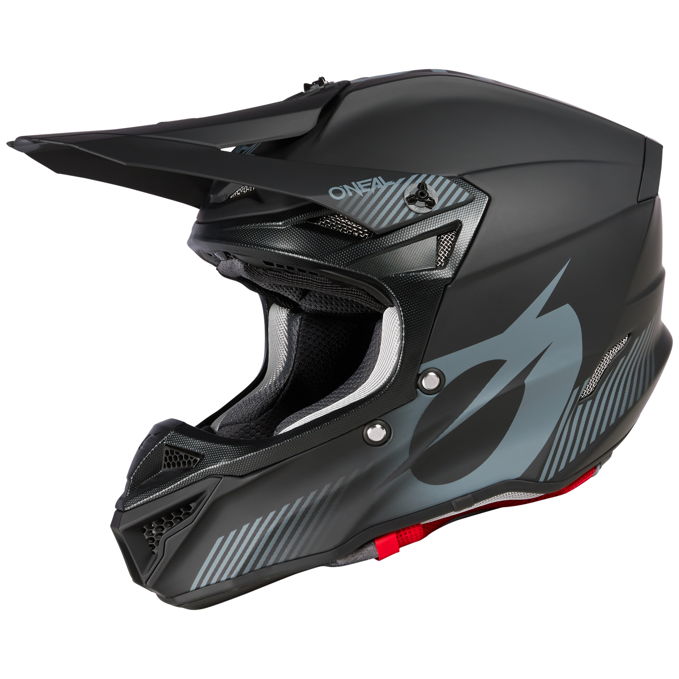 The O'NEAL 5SRS Polyacrylite helmet SOLID is a matte black motocross helmet with visor, gray graphics, large "O" design, mesh ventilation, red strap accents and a robust ABS shell.